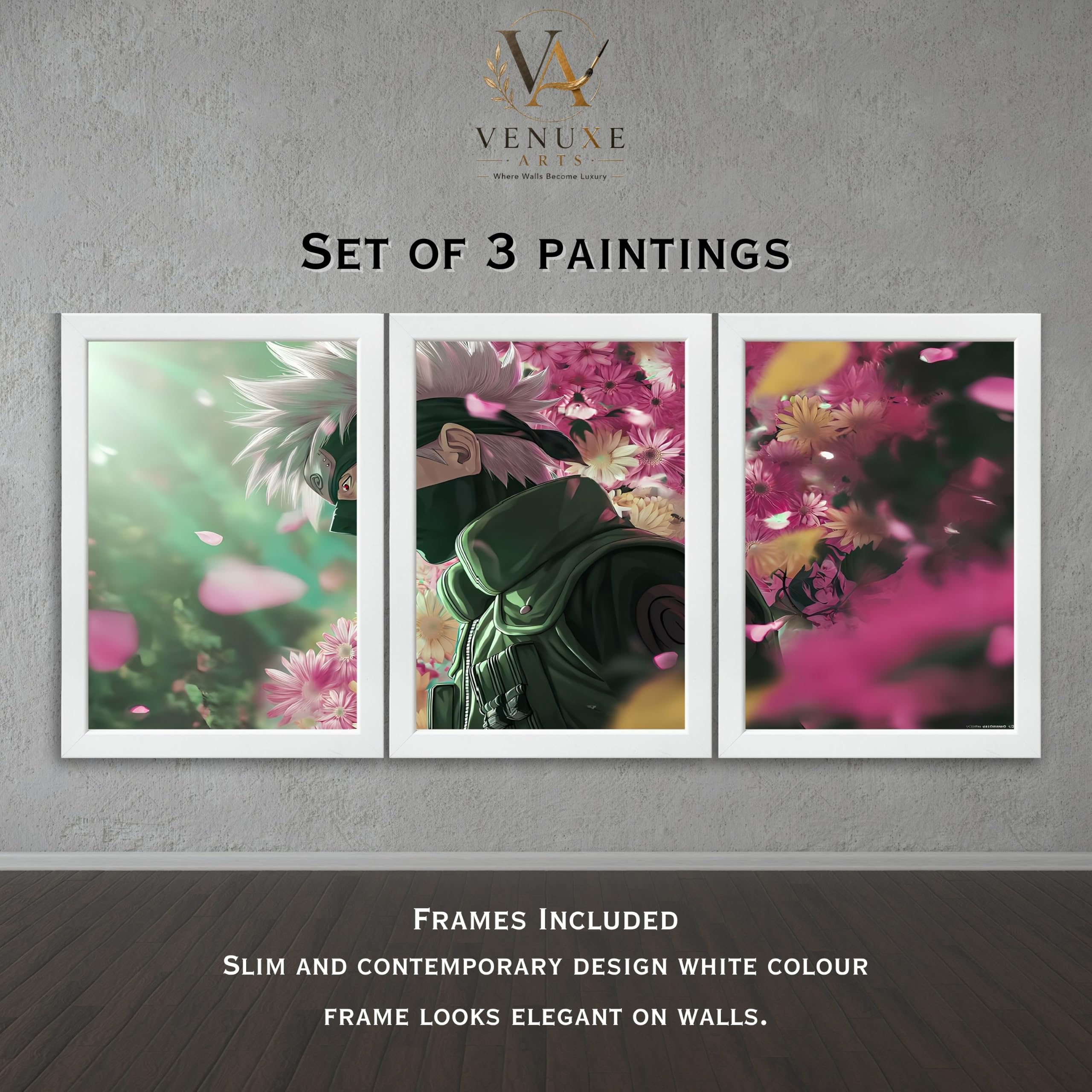 VENUXE ARTS Set Of 3 Anime Characters Wall Framed |Anime Characters Framed Poster for Living Room Bedroom Gaming Room Studio Wall Decor