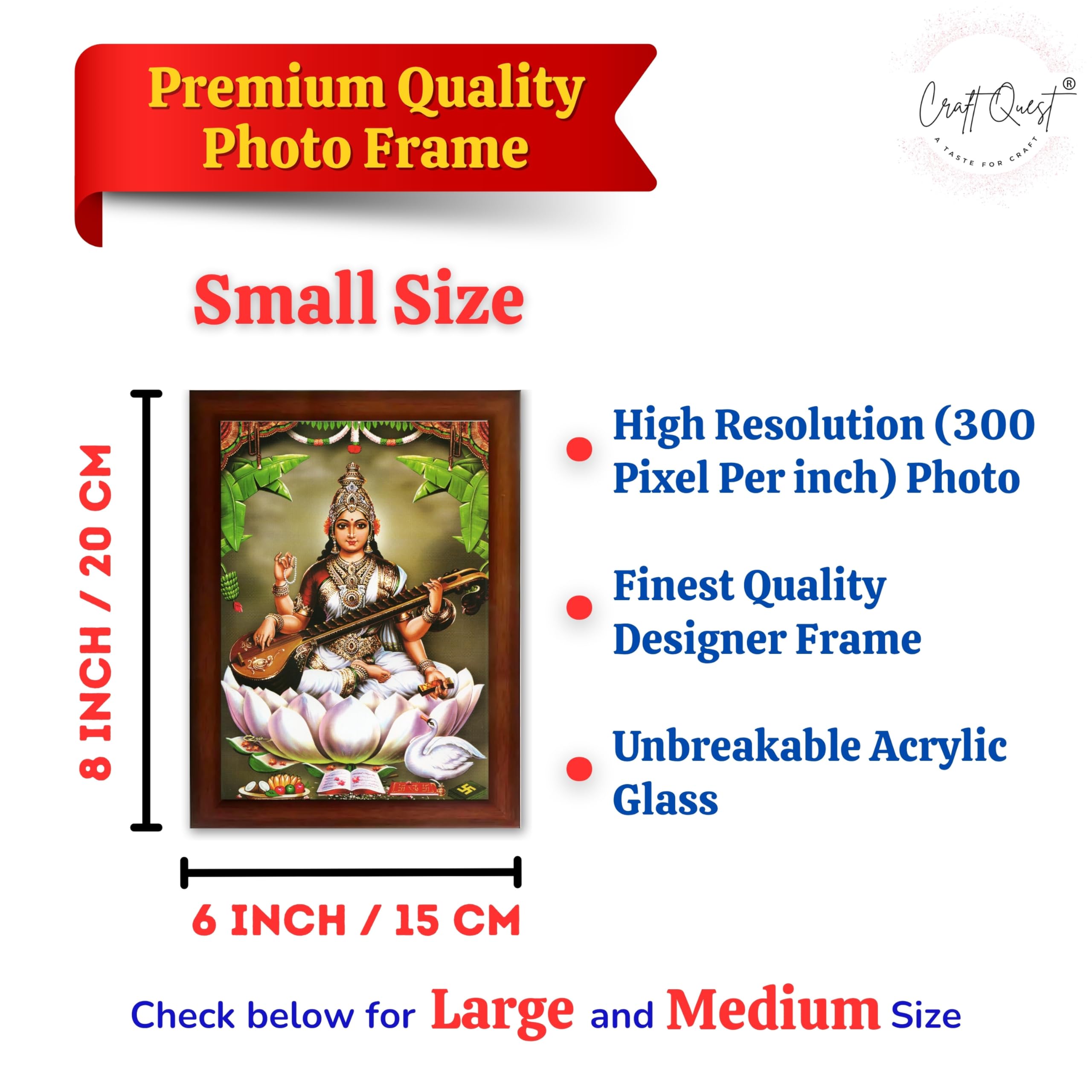 CRAFT QUEST Saraswati Devi Goddess Saraswathi Maa Photo Frame | Religious Photo Frame | Ideal for Home, Office, Temple & Puja Room, Wall Decor