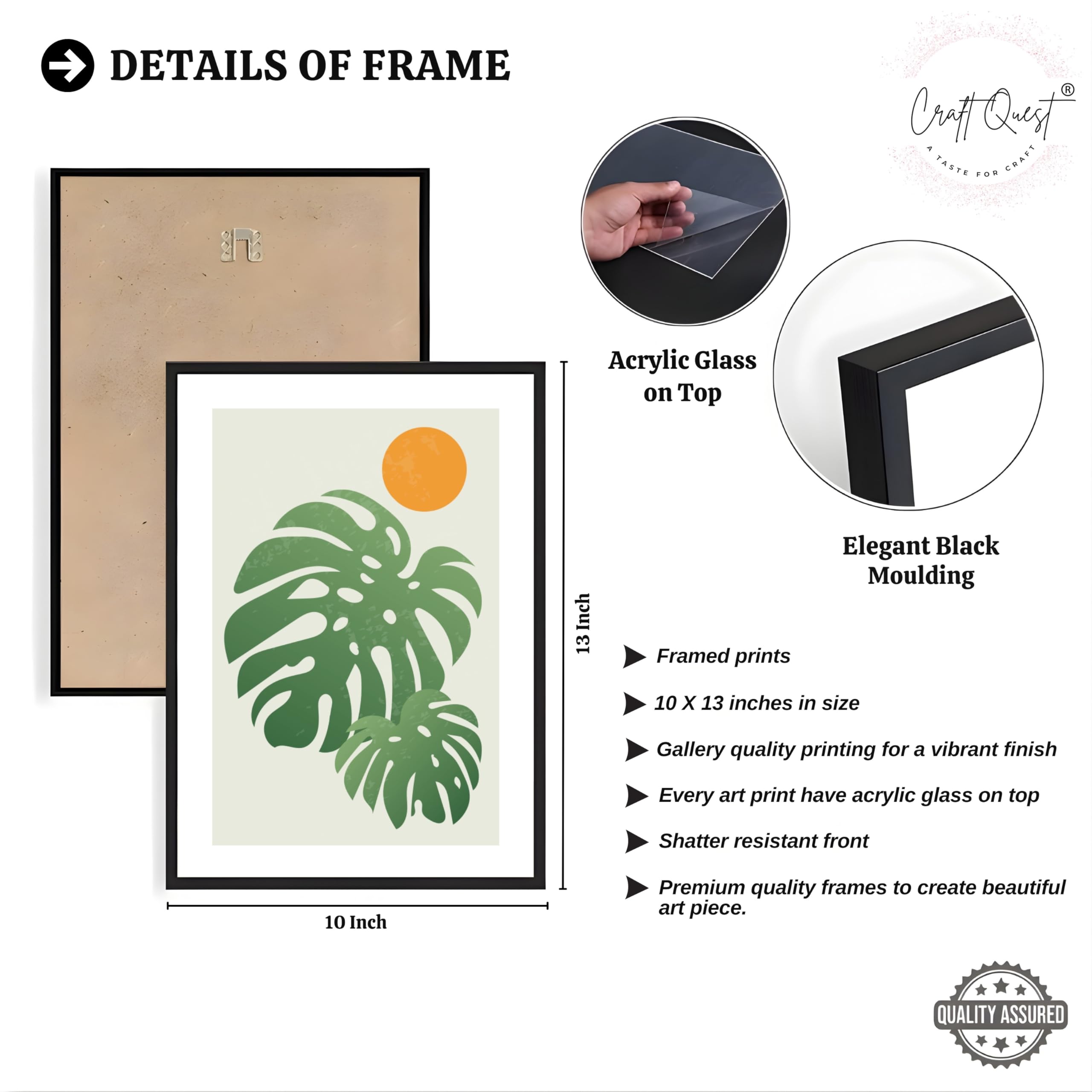 CRAFT QUEST Nature Inspired Abstract Gradient Tropical Leaf Wall Art | Set of 3 Frames for Home Decoration | Ideal for Living Room, Bedroom & Offices