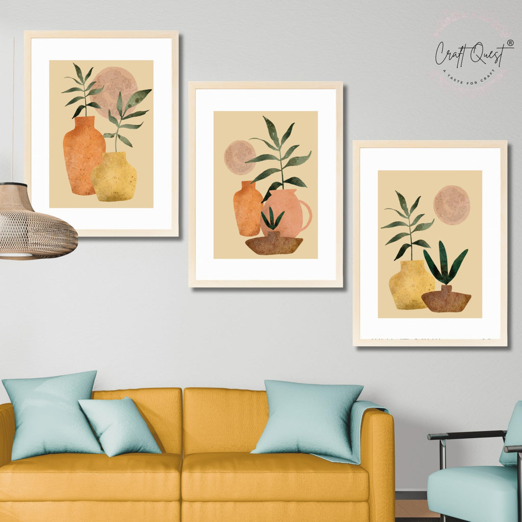 CRAFT QUEST Wall Art Decor Paintings | Set of 3 BOHO Wall Art Frames for Home Decoration | Ideal for Living Room, Bedroom & Office