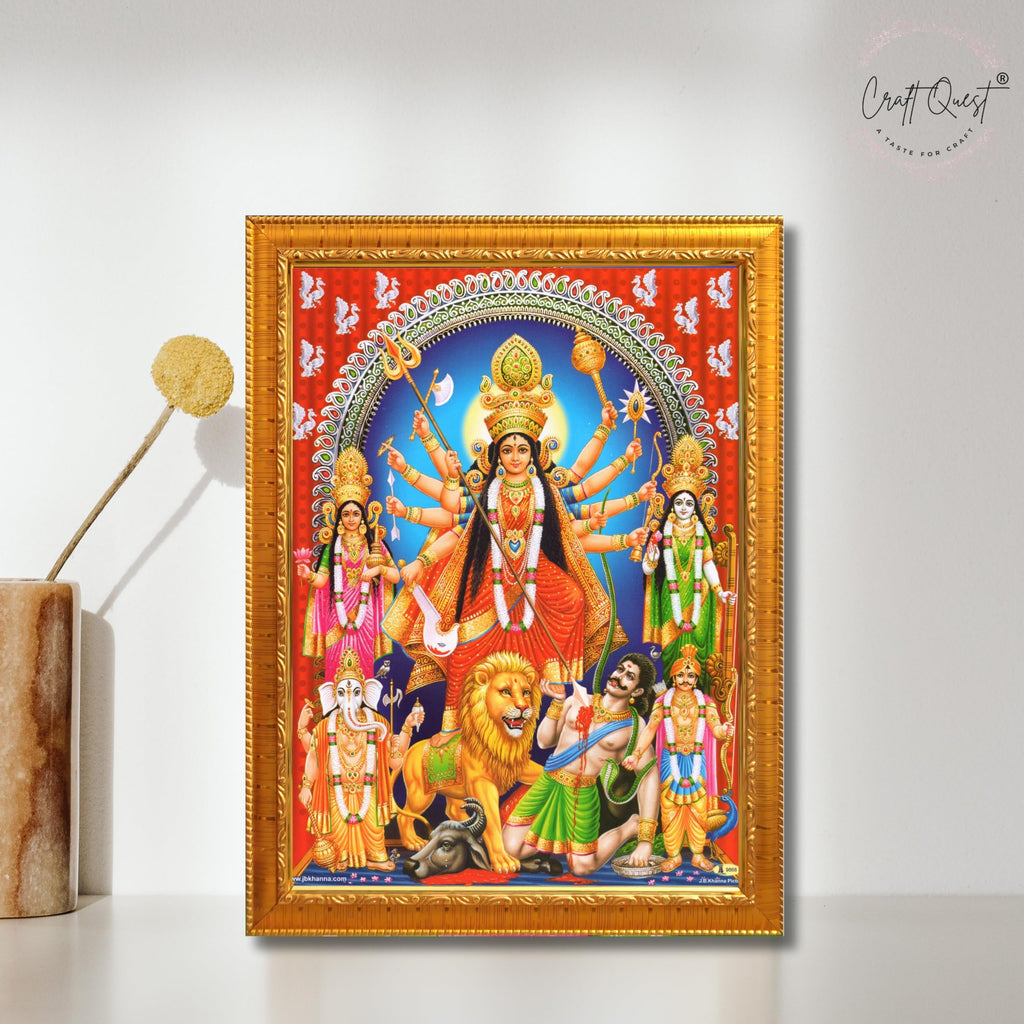 CRAFT QUEST Durga mata Mahishasura Mardini | Mahisasur Mardhini Durga Wall Painting Framed, Goddess Religious Photo Frame With Acrylic Glass