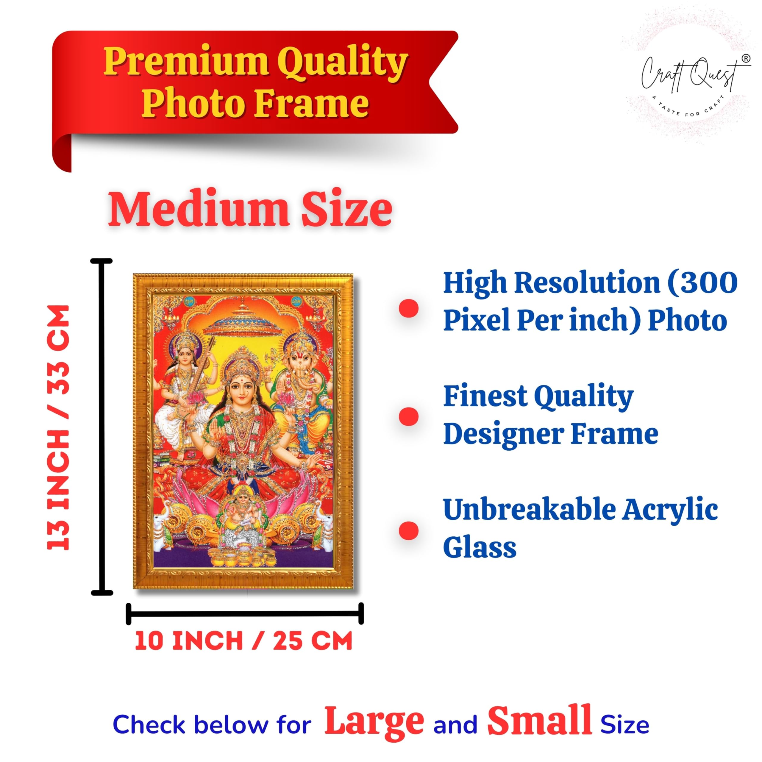 CRAFT QUEST Goddess Laxmi Ganesh Saraswati Religious God Hindu Photo Frame for Diwali,Temple, Pooja, Living Room Home and Decor Item