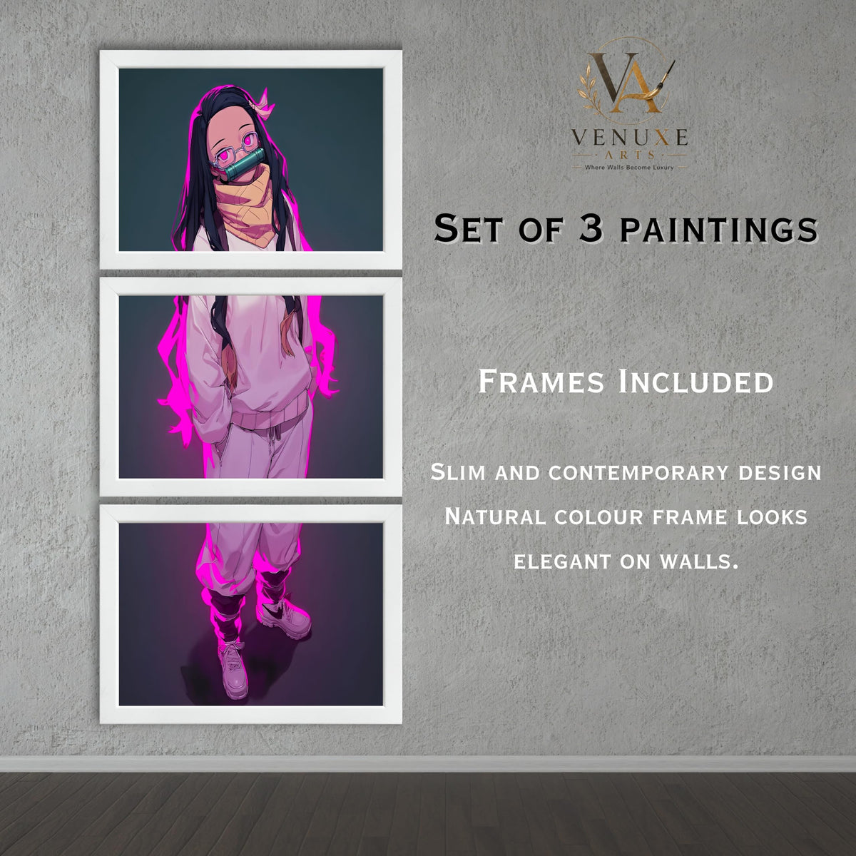 VENUXE ARTS Set Of 3 Anime Characters Wall Framed |Anime Characters Framed Poster for Living Room Bedroom Gaming Room Studio Wall Decor
