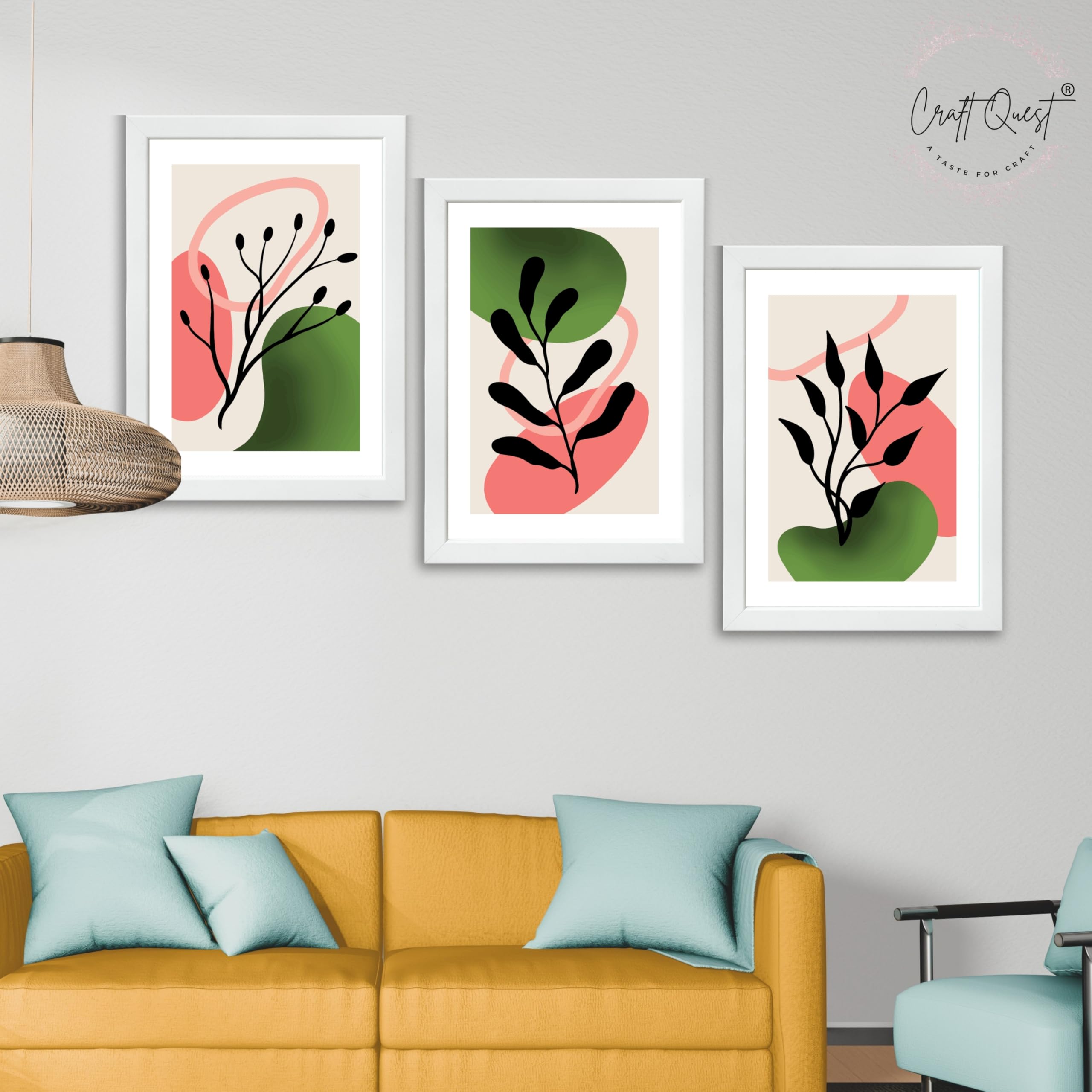 CRAFT QUEST Nature Inspired Abstract Shape & Leaf Wall Art | Set of 3 Frames for Home Decoration | Ideal for Living Room, Bedroom & Offices