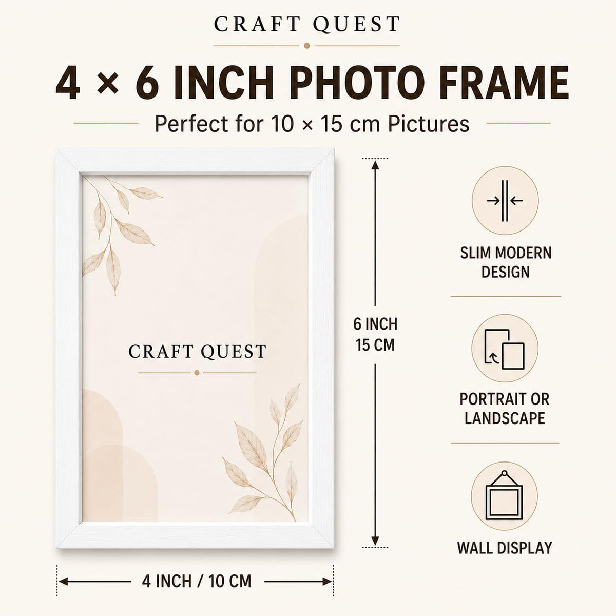 CRAFT QUEST 4X6 Inch Size synthetic Wall Mount Photo frames Single For Home Decoration, Living Room, Office Decoration (Natural, Set of 1)