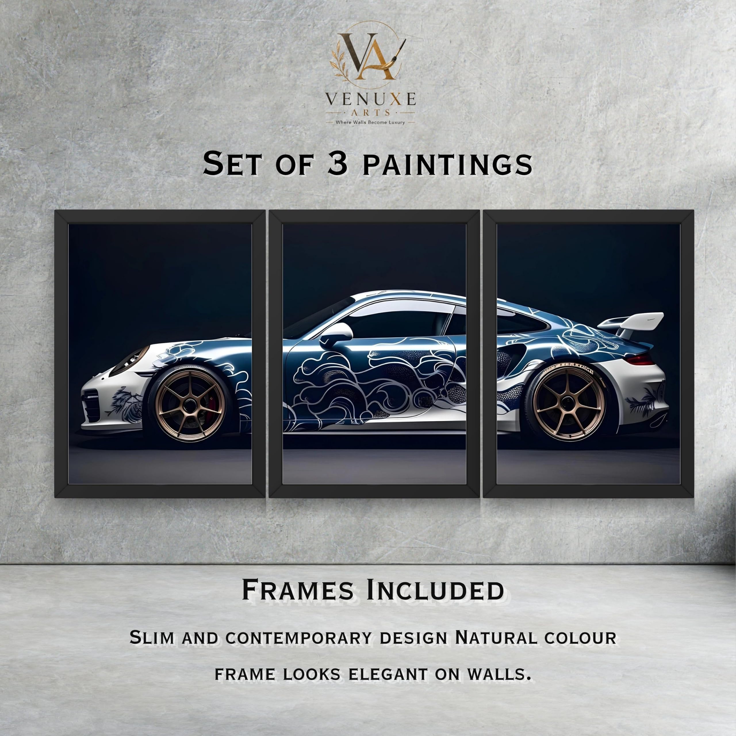 VENUXE ARTS Set Of 3 Big Sports Cars Framed Posters Gift Items for Boys Room Wall Decoration Bedroom Living Room Office Studio Décor | Car Poster Frame for Wall Décor