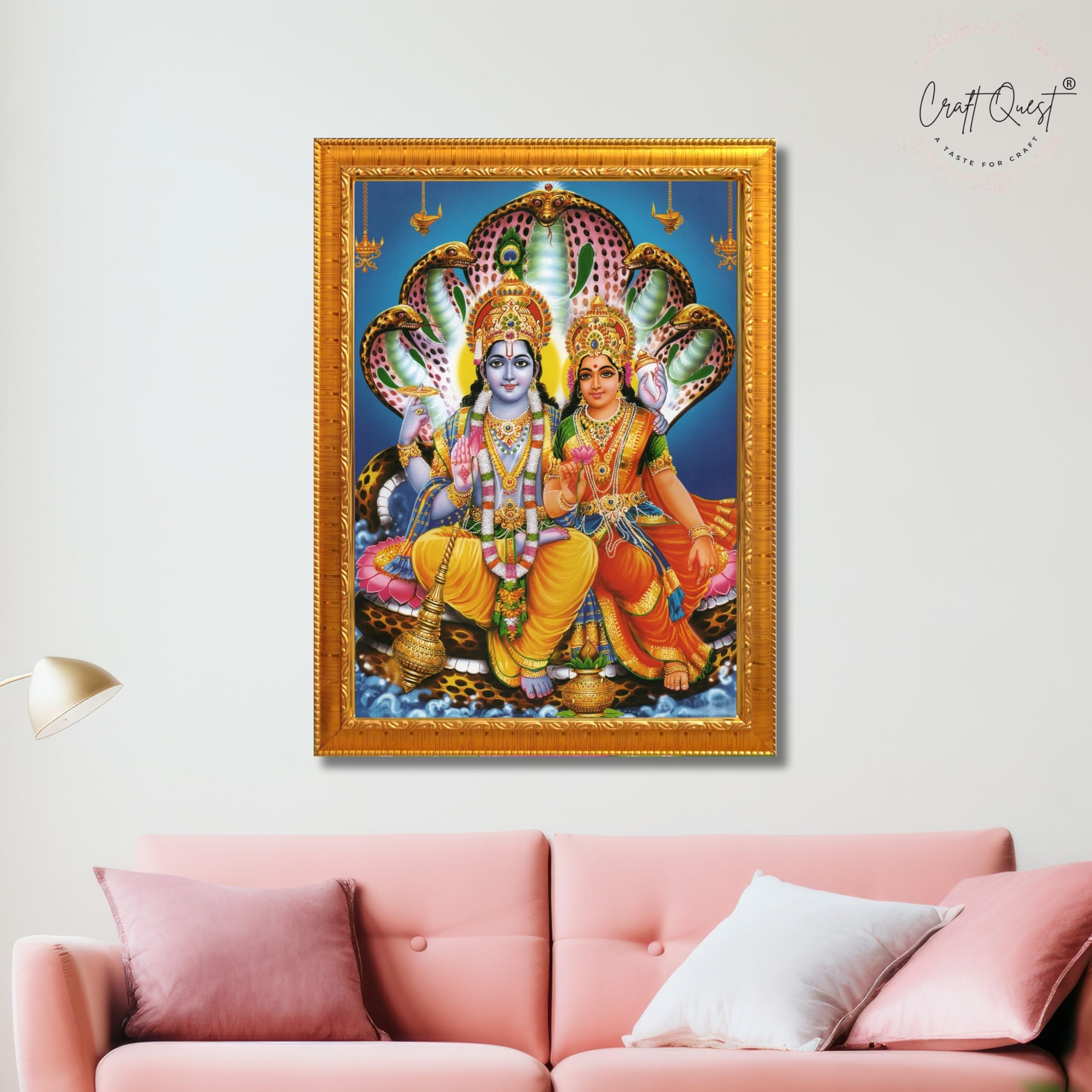 CRAFT QUEST Laxmi Narayan Laxmi Vishnu Dev Lakshmi Devi Ji Wall Painting Framed Home Decor, Religious Photo Frame