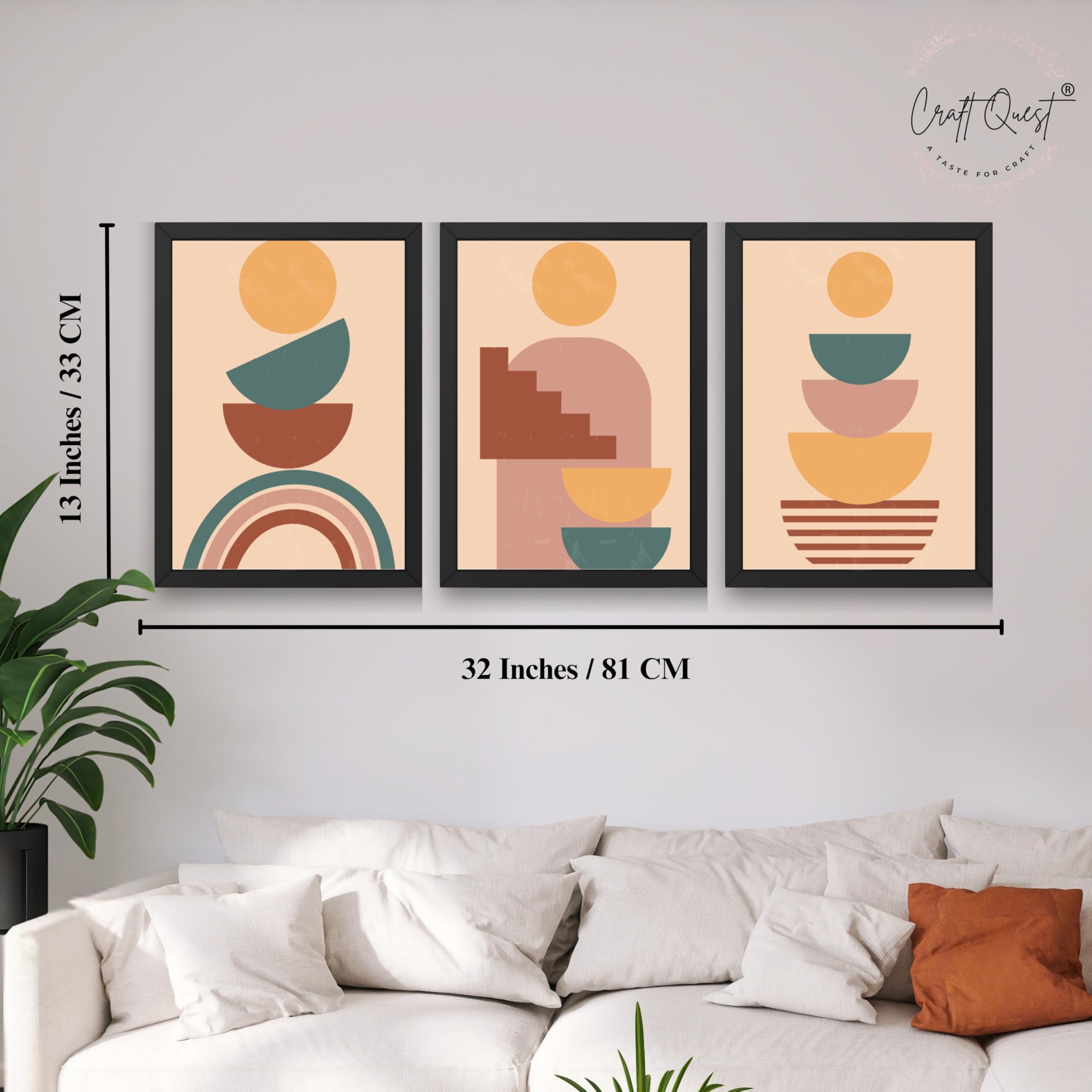 CRAFT QUEST Wall Art Decor Paintings | Set of 3 BOHO Wall Art Frames for Home Decoration | Ideal for Living Room, Offices & Bedrooms