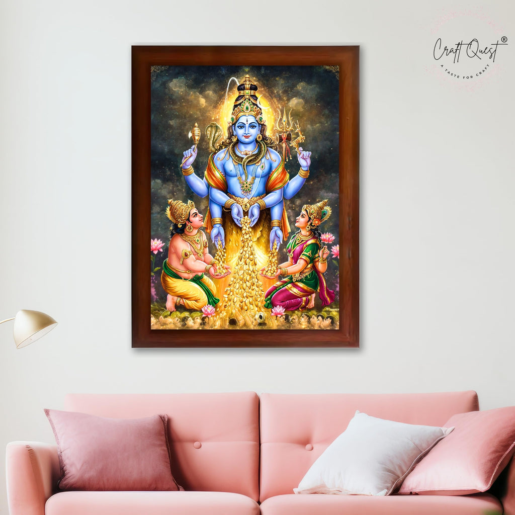 CRAFT QUEST Lord Swarnakarshana Bhairava Swamy With Lakshmi Devi and Kuber Bhagwan Religious Wall Photo Frame |Dhan Bhairav Frame for Home, Office, Temple & Gifting