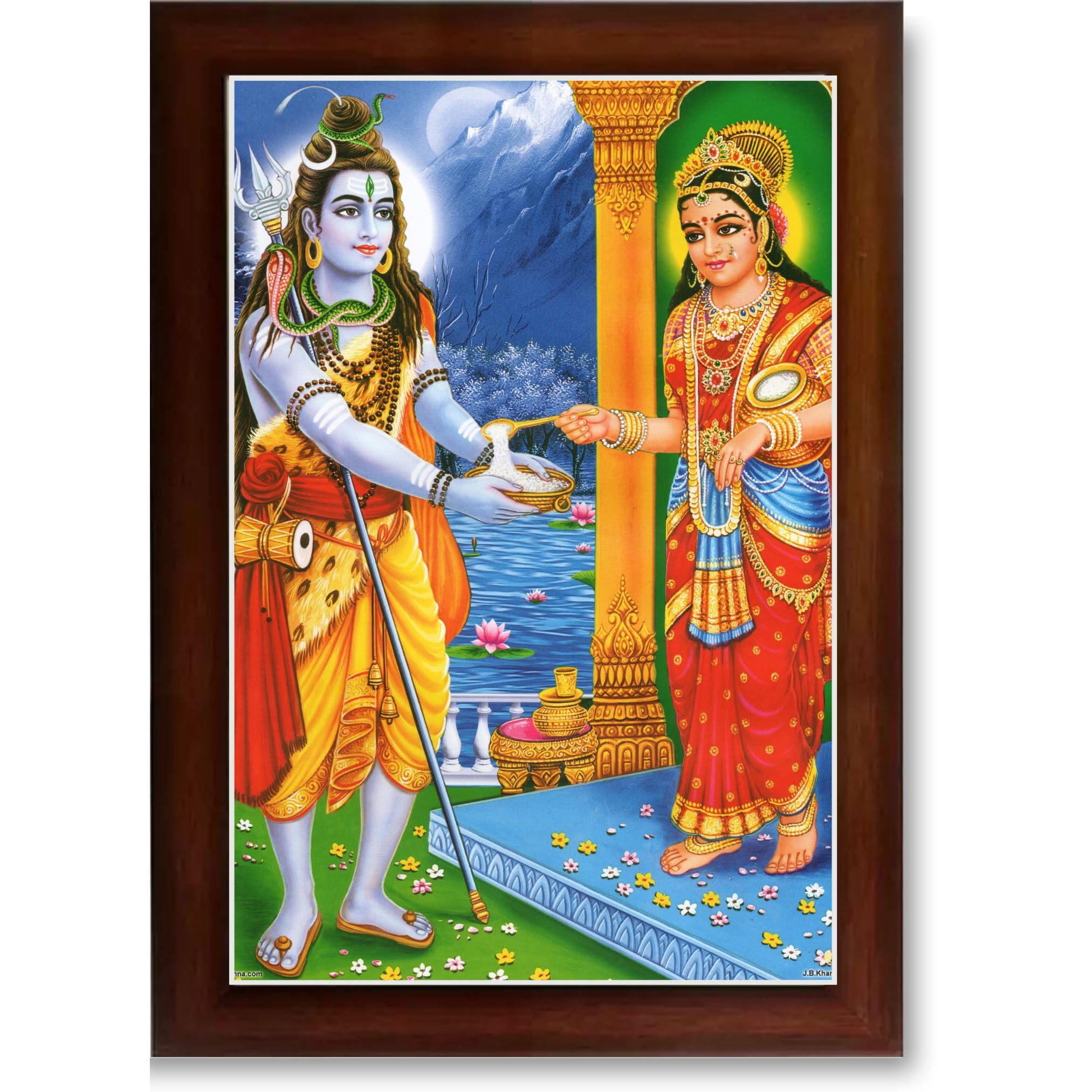 CRAFT QUEST Shiva & Maa Annapurna devi sitting on throne photo frame with Laminated Poster for Kitchen Worship