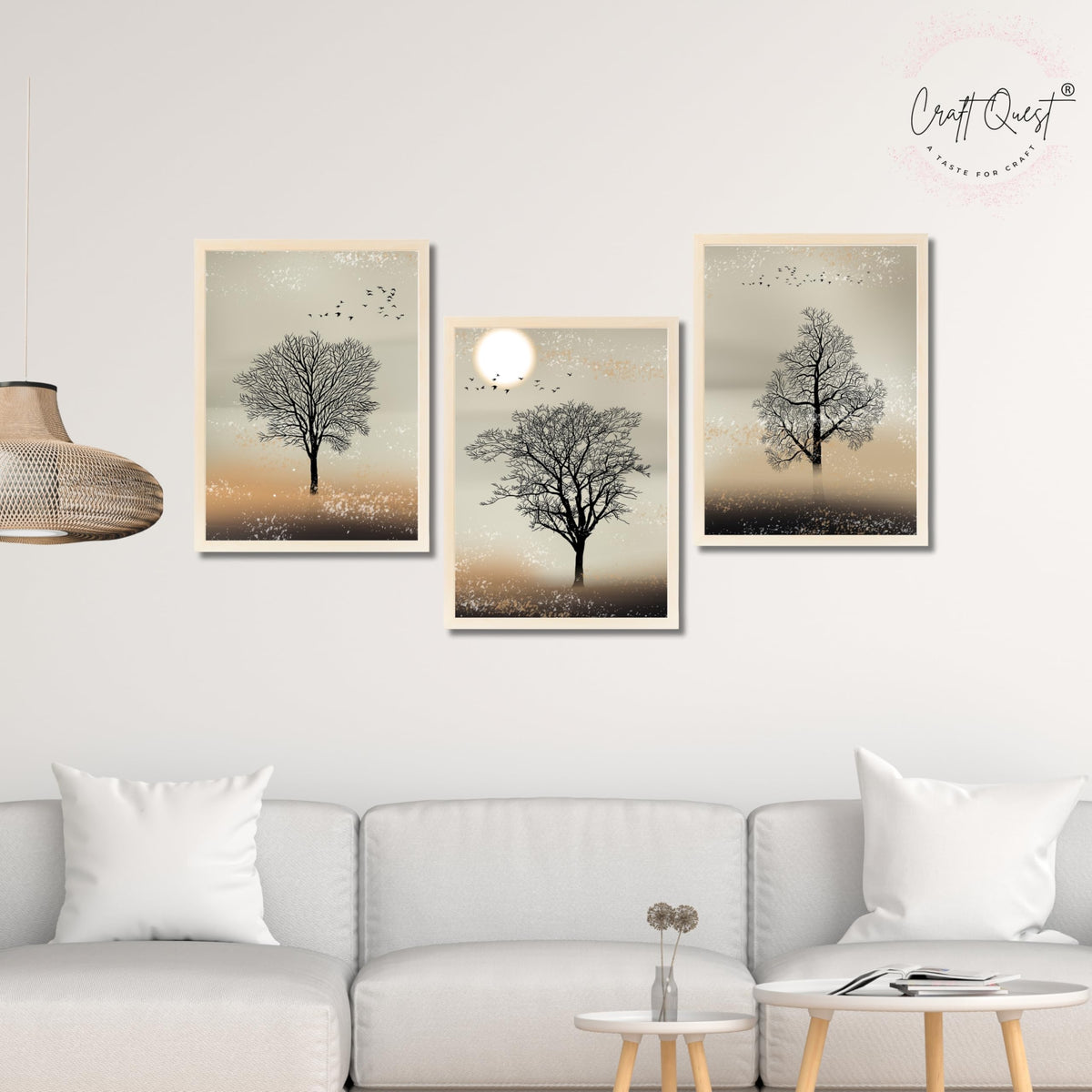 CRAFT QUEST Nature Inspired Landscape With Black Trees Modern Wall Art | Set of 3 Frames for Home Decoration | Ideal for Living Room, Bedroom & Office