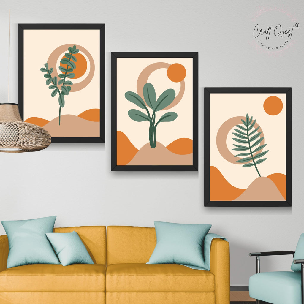 CRAFT QUEST Wall Art Decor Paintings | Set of 3 BOHO Wall Art Frames for Home Decoratio | Ideal for Living Room, Offices & Bedrooms
