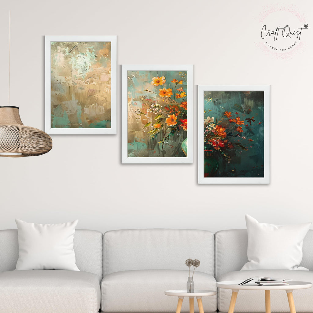 CRAFT QUEST Nature Inspired Paintings Of Flowers Wall Art | Set of 3 Frames for Home Decoration | Ideal for Living Room, Bedroom & Office