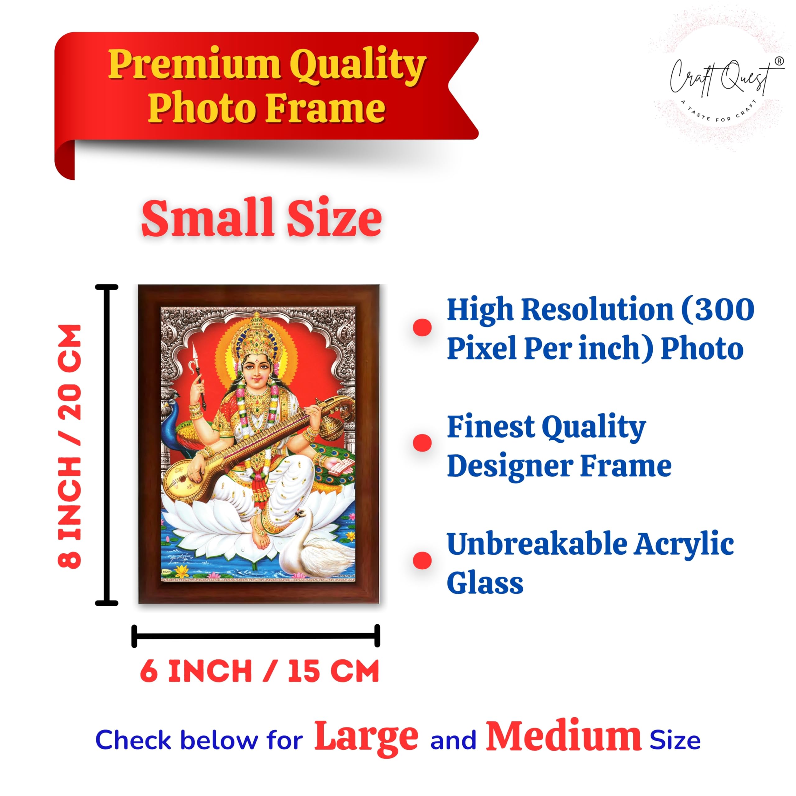 CRAFT QUEST Saraswati Devi Goddess Saraswathi Maa Wall Painting Sparkle Coated Framed Home Décor Synthetic wooden Frame
