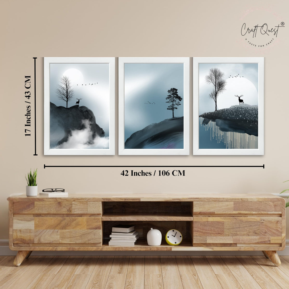 CRAFT QUEST Modern Art Geometric Ink Abstract Wall Art | Set of 3 Frames for Home Decoration | Ideal for Living Room, Bedroom & Offices