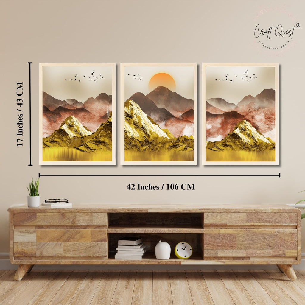 CRAFT QUEST Modern Art Mural Landscape Golden Mountains & Birds Wall Art | Set of 3 Frames for Home Decoration | Ideal for Living Room, Bedroom & Offices