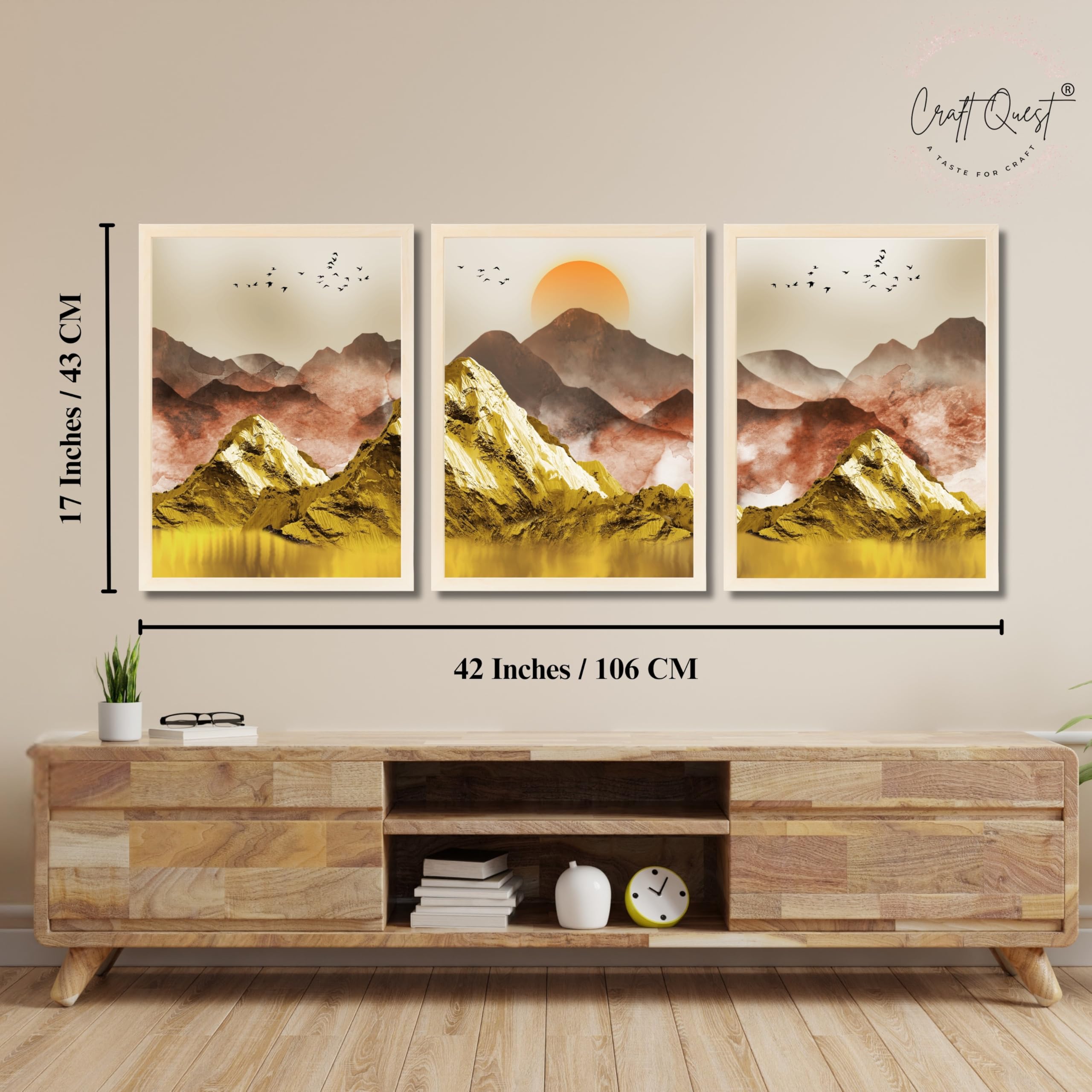 CRAFT QUEST Modern Art Mural Landscape Golden Mountains & Birds Wall Art | Set of 3 Frames for Home Decoration | Ideal for Living Room, Bedroom & Offices