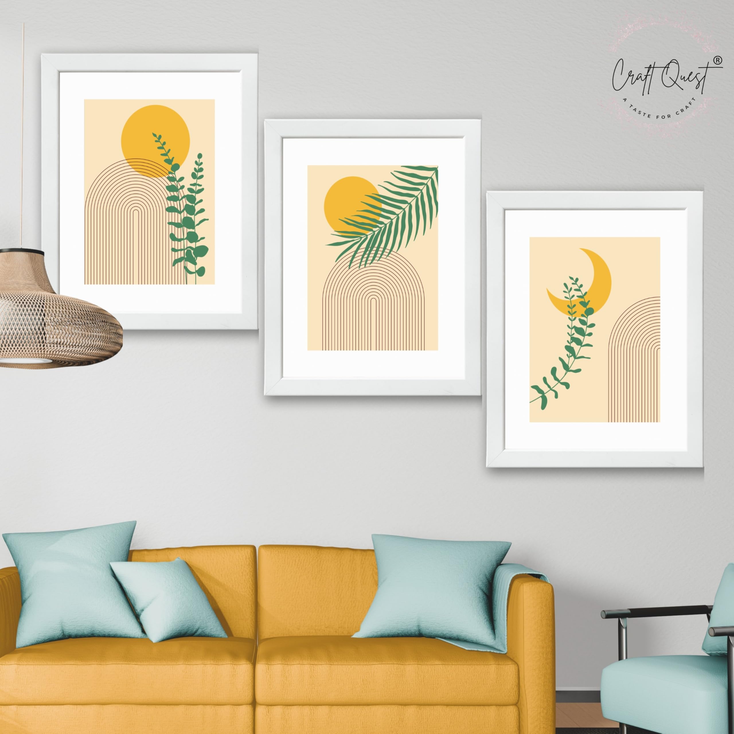 CRAFT QUEST Wall Art Decor Paintings | Set of 3 BOHO Wall Art Frames for Home Decoration | Ideal for Living Room, Bedroom & Office