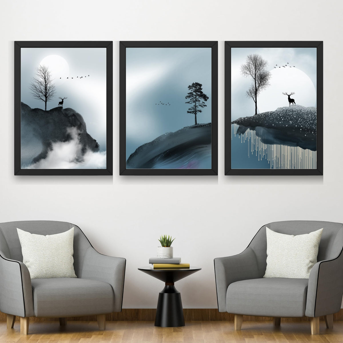 CRAFT QUEST Modern Art Geometric Ink Abstract Wall Art | Set of 3 Frames for Home Decoration | Ideal for Living Room, Bedroom & Offices