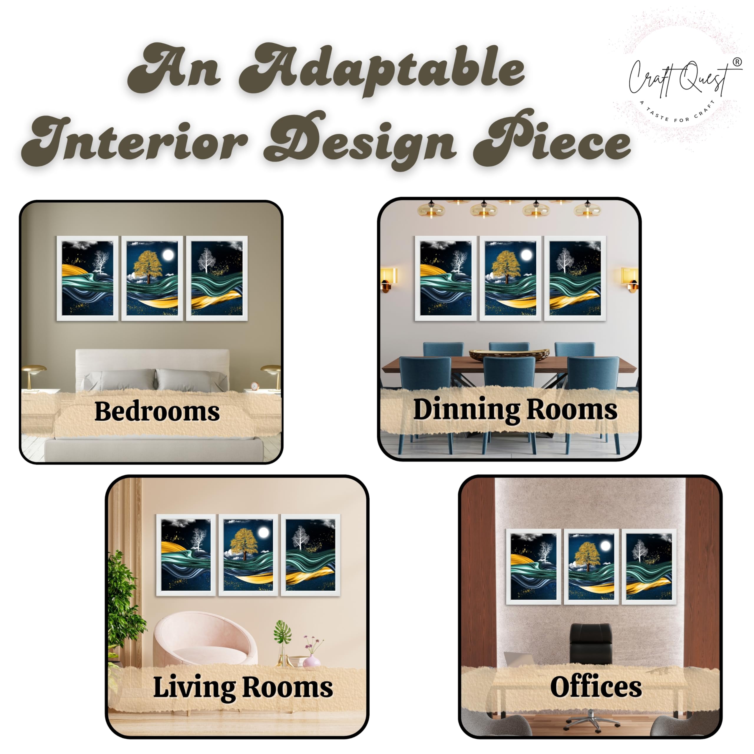 CRAFT QUEST Modern Art With Dark Blue Background & Golden Tree Wall Art | Set of 3 Frames for Home Decoration | Ideal for Living Room, Bedroom & Offices