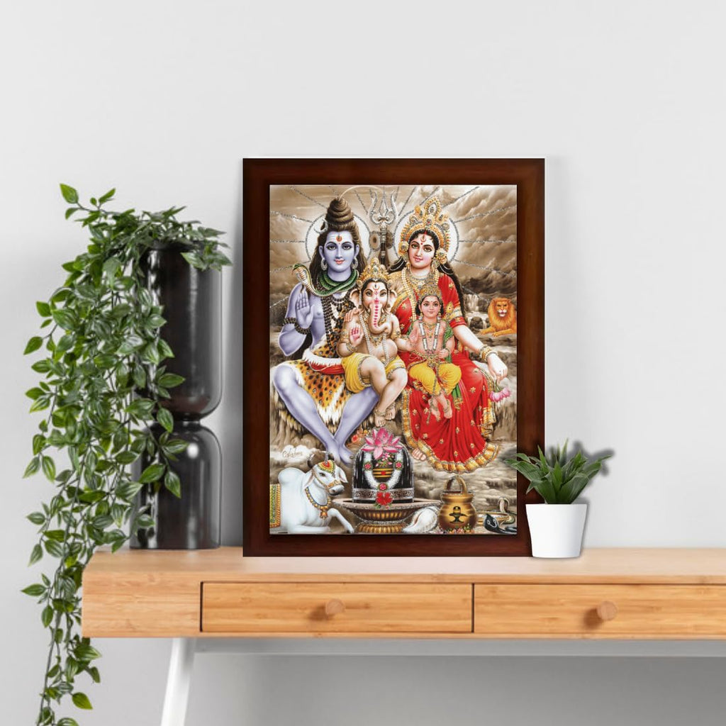 CRAFT QUEST Shiv Parivar (Shiv Shankar, Maa Parvati, Ganesh and Kartikey) Religious Sparkle Coated,Synthetic, Photo Frame for Pooja (14 X 10 inch, Multicolour)