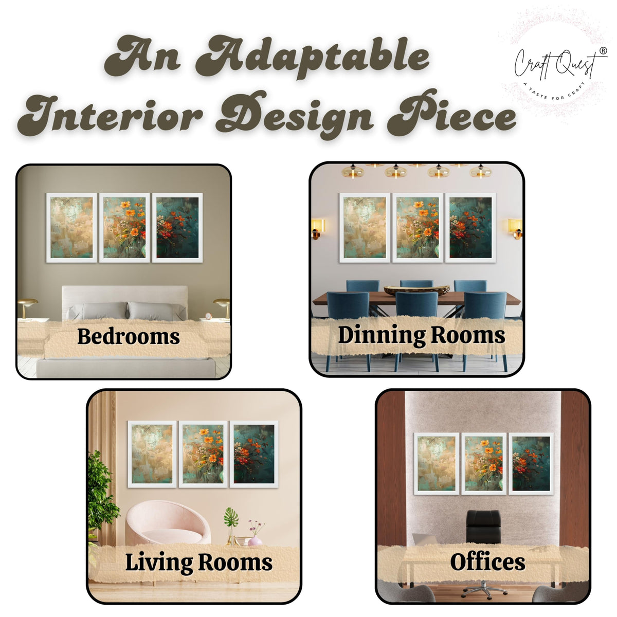 CRAFT QUEST Nature Inspired Paintings Of Flowers Wall Art | Set of 3 Frames for Home Decoration | Ideal for Living Room, Bedroom & Office