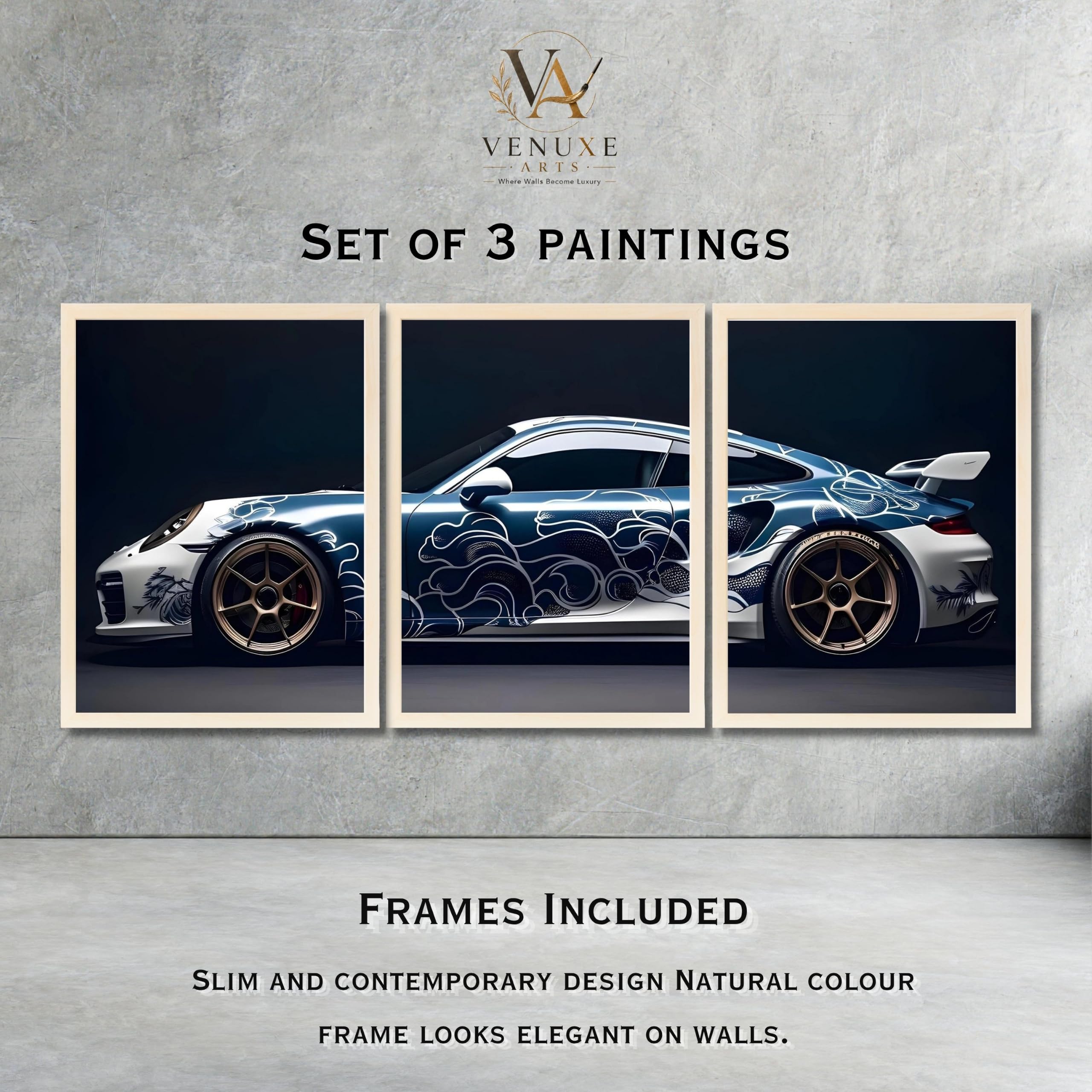 VENUXE ARTS Set Of 3 Big Sports Cars Framed Posters Gift Items for Boys Room Wall Decoration Bedroom Living Room Office Studio Décor | Car Poster Frame for Wall Décor