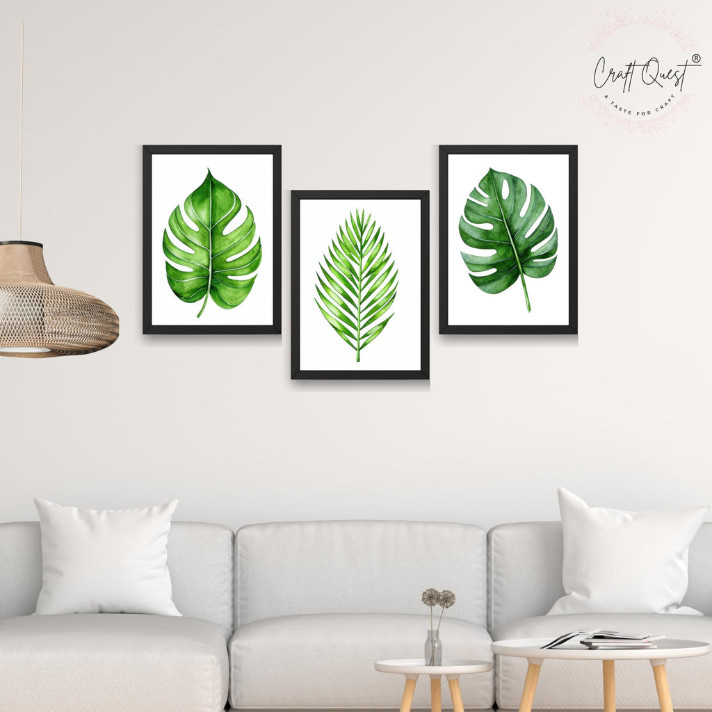 CRAFT QUEST Nature Inspired Exotic Leaves Modern Wall Art | Set of 3 Frames for Home Decoration | Ideal for Living Room, Bedroom & Offices