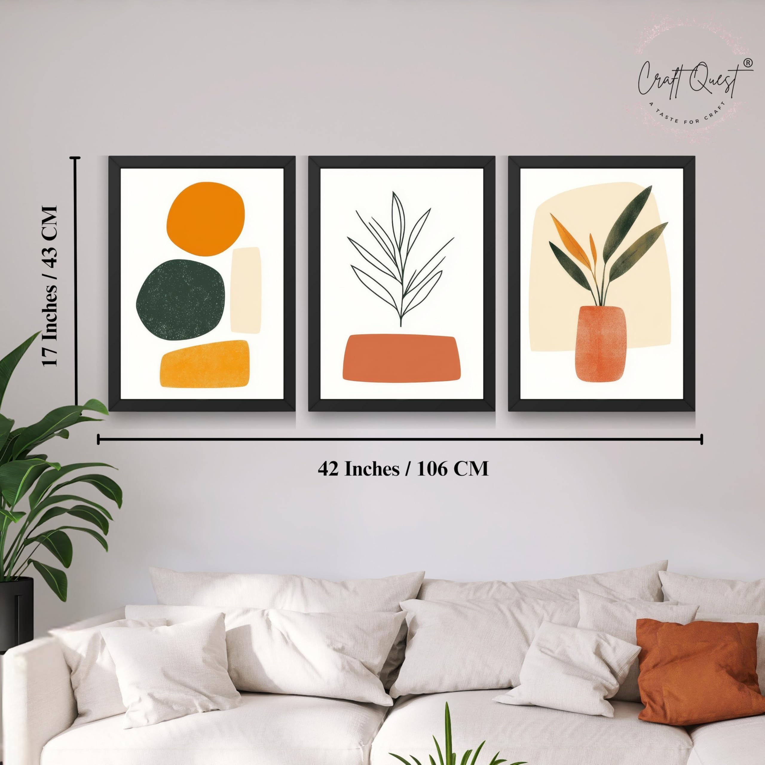CRAFT QUEST SET OF 3 Organic Abstract Wall Art | Set of 3 Frames for Home Decoration | Ideal for Living Room, Bedroom & Offices