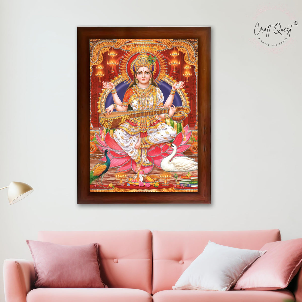 CRAFT QUEST Saraswati Devi Goddess Saraswati Maa Wall Painting Framed Home Decor wooden framed