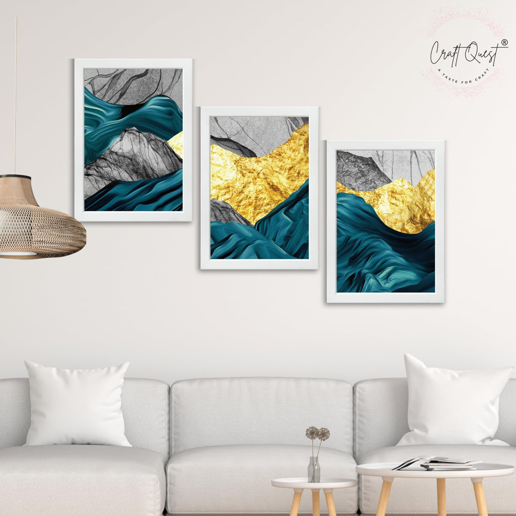 CRAFT QUEST Modern Art Abstract Golden Fashion Wall Art | Set of 3 Frames for Home Decoration | Ideal for Living Room, Bedroom & Offices