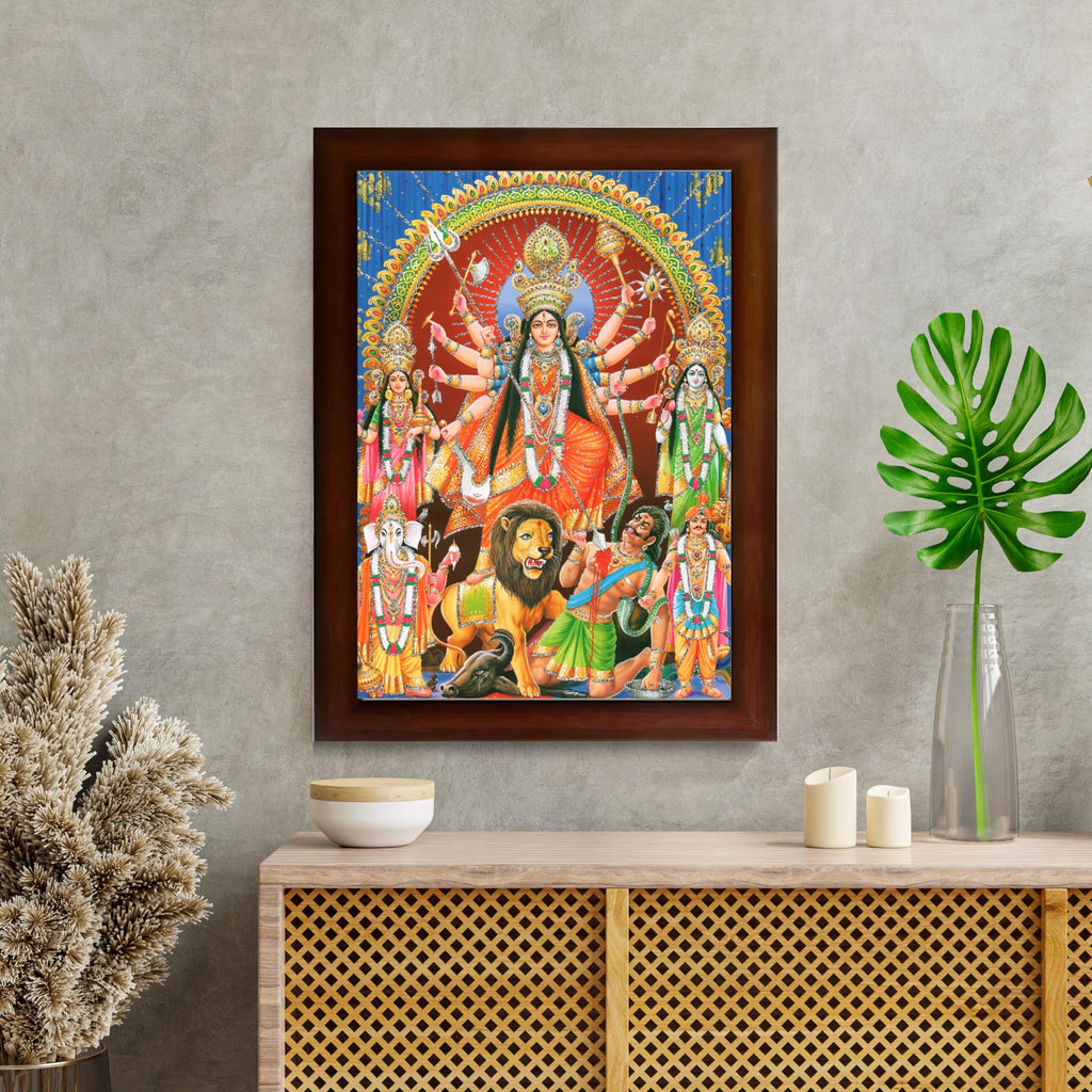 CRAFT QUEST Durga mata Mahishasura Mardini | Mahisasur Mardhini Durga Wall Painting Framed, Goddess Religious Painting