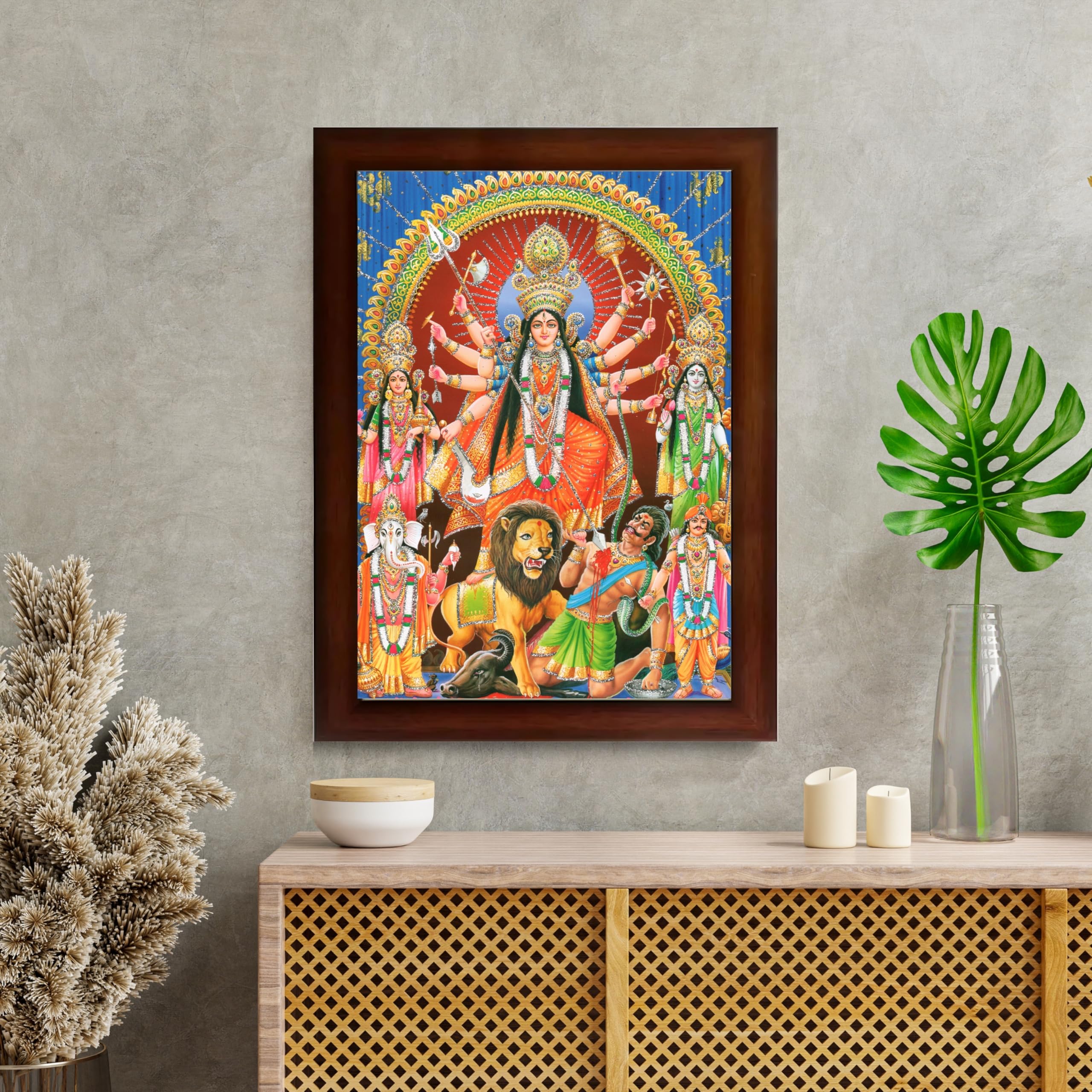CRAFT QUEST Durga mata Mahishasura Mardini | Mahisasur Mardhini Durga Wall Painting Framed, Goddess Religious Painting