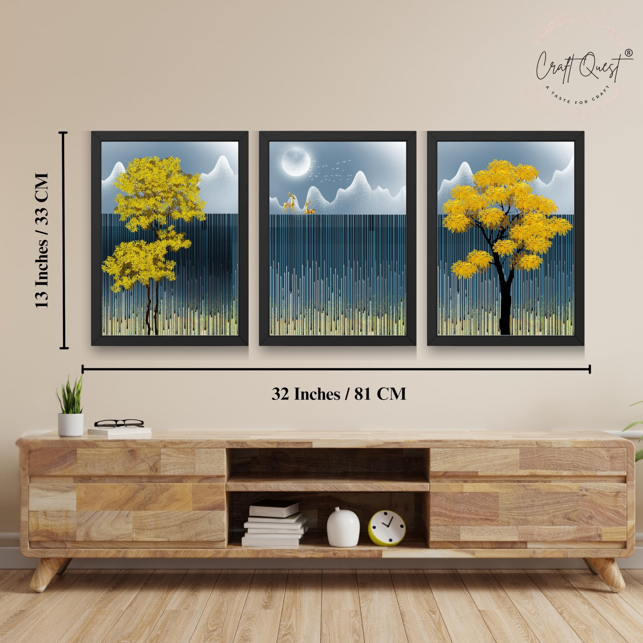 CRAFT QUEST Modern Abstract Blue Landscape Art | Set of 3 Frames for Home Decoration | Ideal for Living Room, Bedroom & Offices