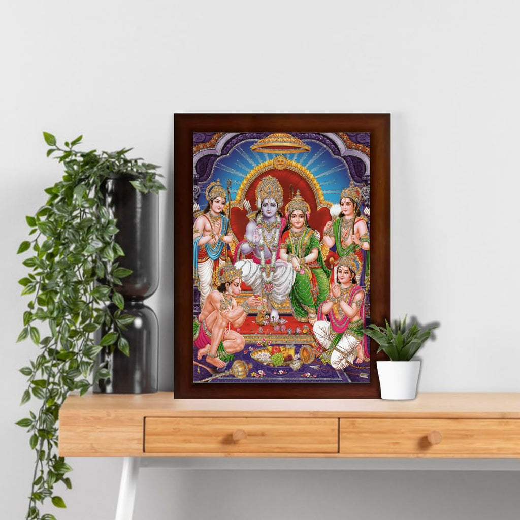 Shree Ram Darbar Sparkle Coated Painting with Frame Home Decorative Gift Item Painting (14 X 10 Inches, Synthetic, Multicolour, Religious)