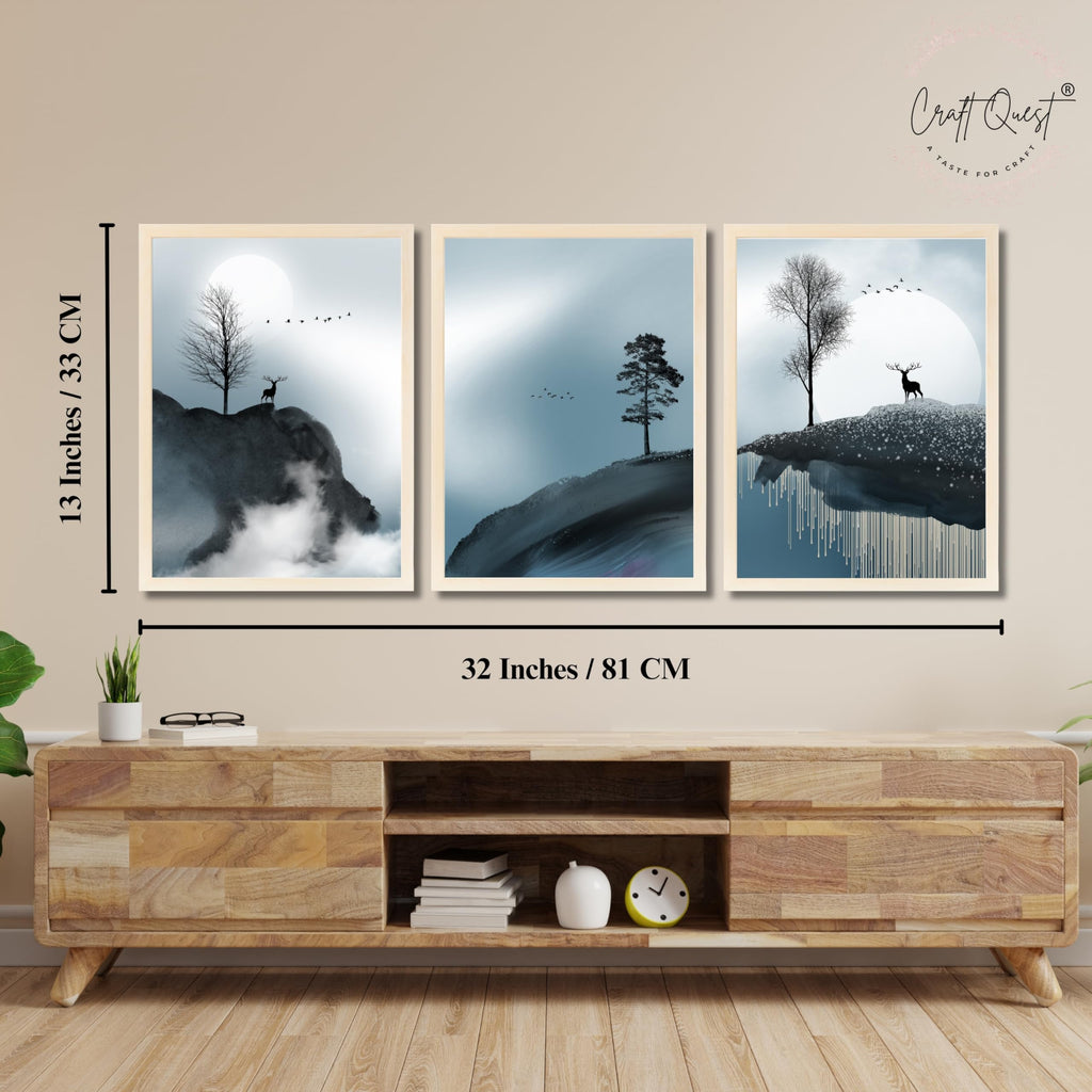 CRAFT QUEST Modern Art Geometric Ink Abstract Wall Art | Set of 3 Frames for Home Decoration | Ideal for Living Room, Bedroom & Offices