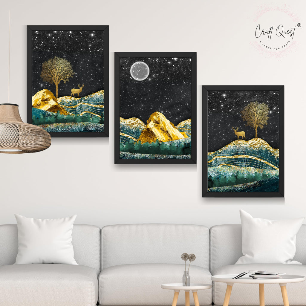 CRAFT QUEST Modern Art Landscape With Turquoise Mountains & Golden Trees Wall Art | Set of 3 Frames for Home Decoration | Ideal for Living Room, Bedroom & Offices