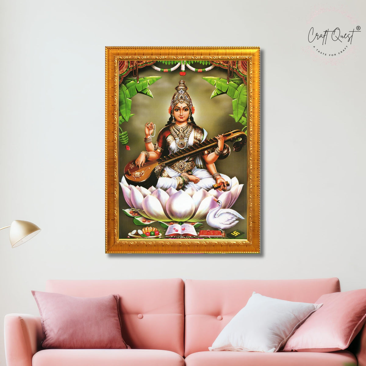 CRAFT QUEST Saraswati Devi Goddess Saraswathi Maa Photo Frame | Religious Photo Frame | Ideal for Home, Office, Temple & Puja Room, Wall Decor