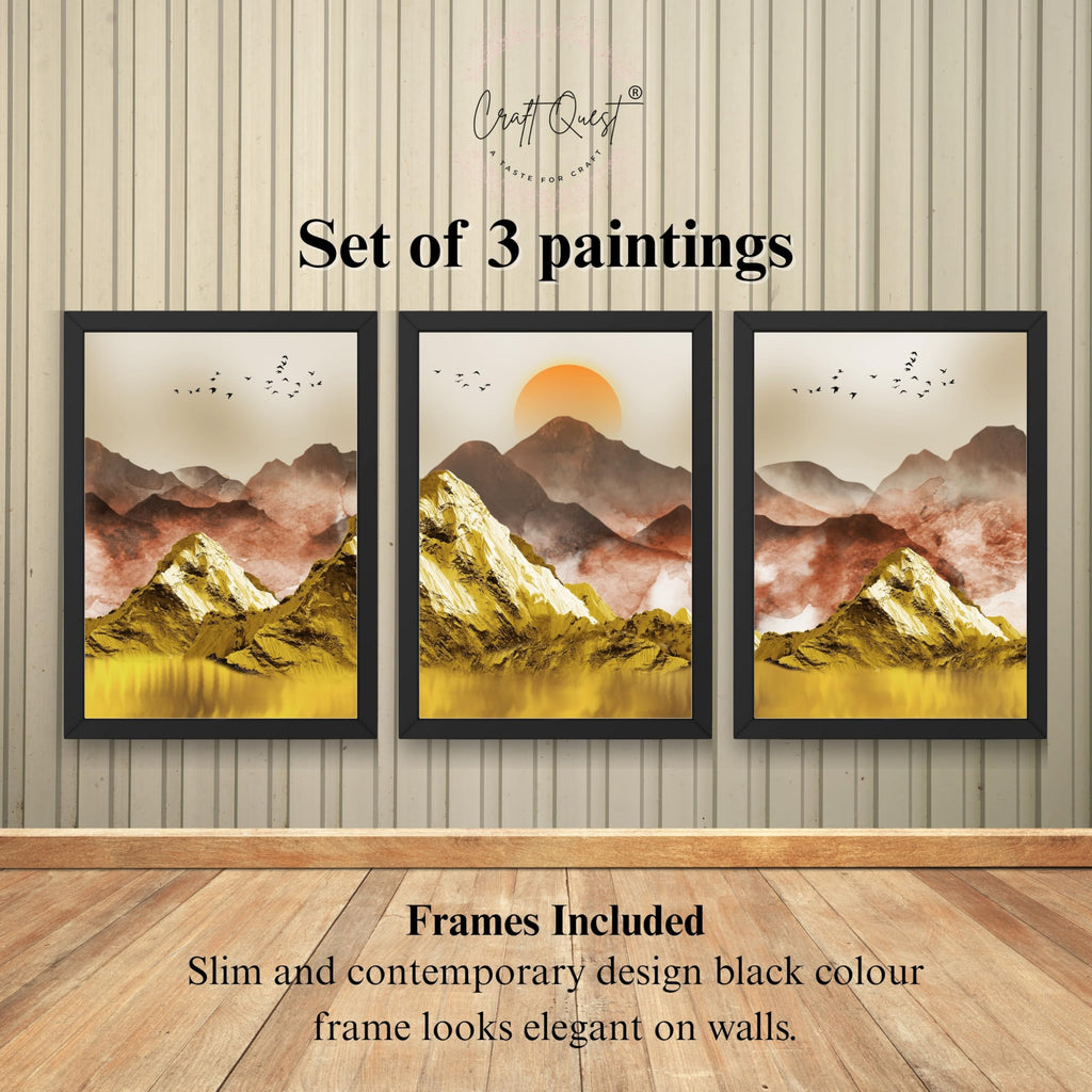 CRAFT QUEST Modern Art Mural Landscape Golden Mountains & Birds Wall Art | Set of 3 Frames for Home Decoration | Ideal for Living Room, Bedroom & Offices