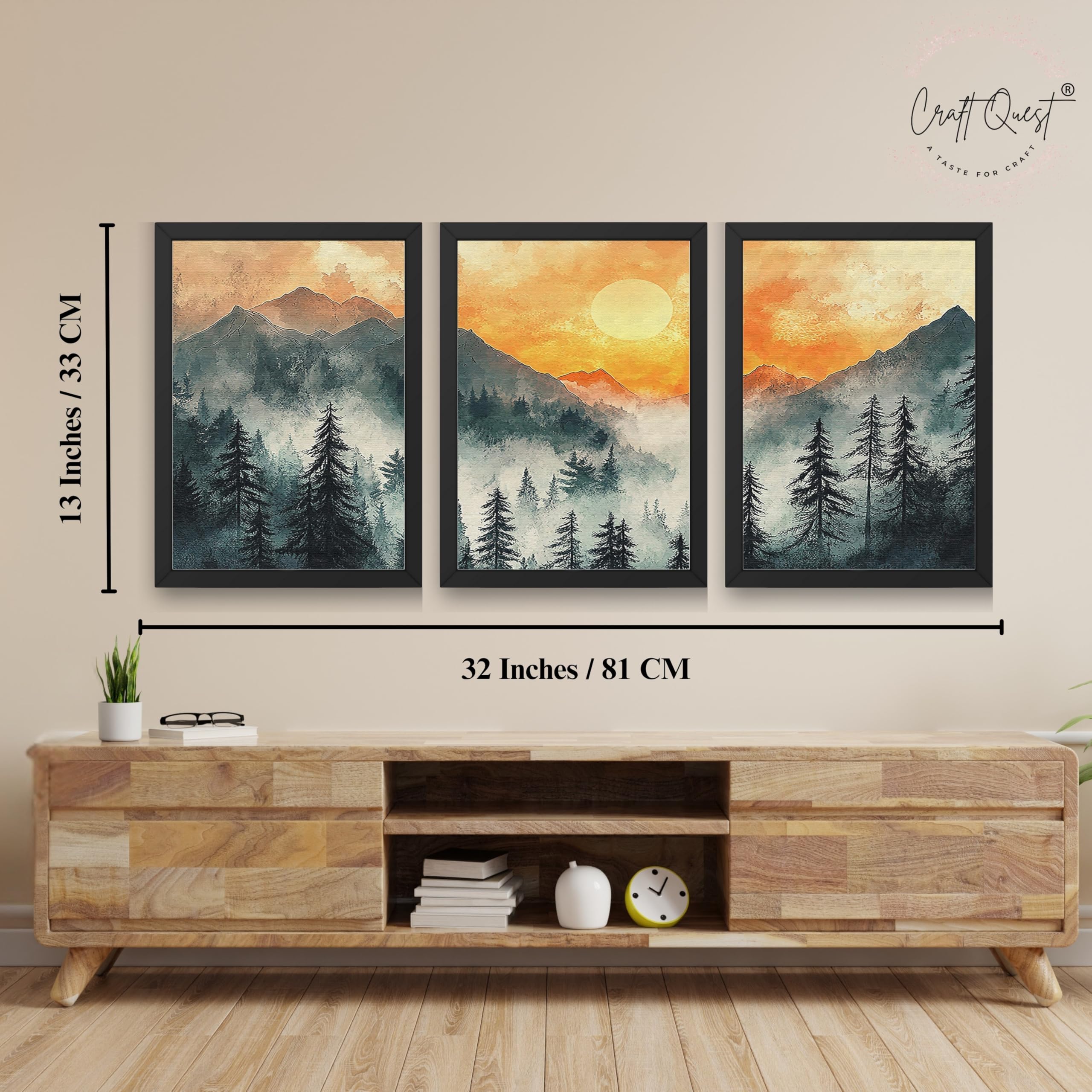 CRAFT QUEST Nature Inspired Paintings With Trees & Mountains Wall Art | Set of 3 Frames for Home Decoration | Ideal for Living Room, Bedroom & Office