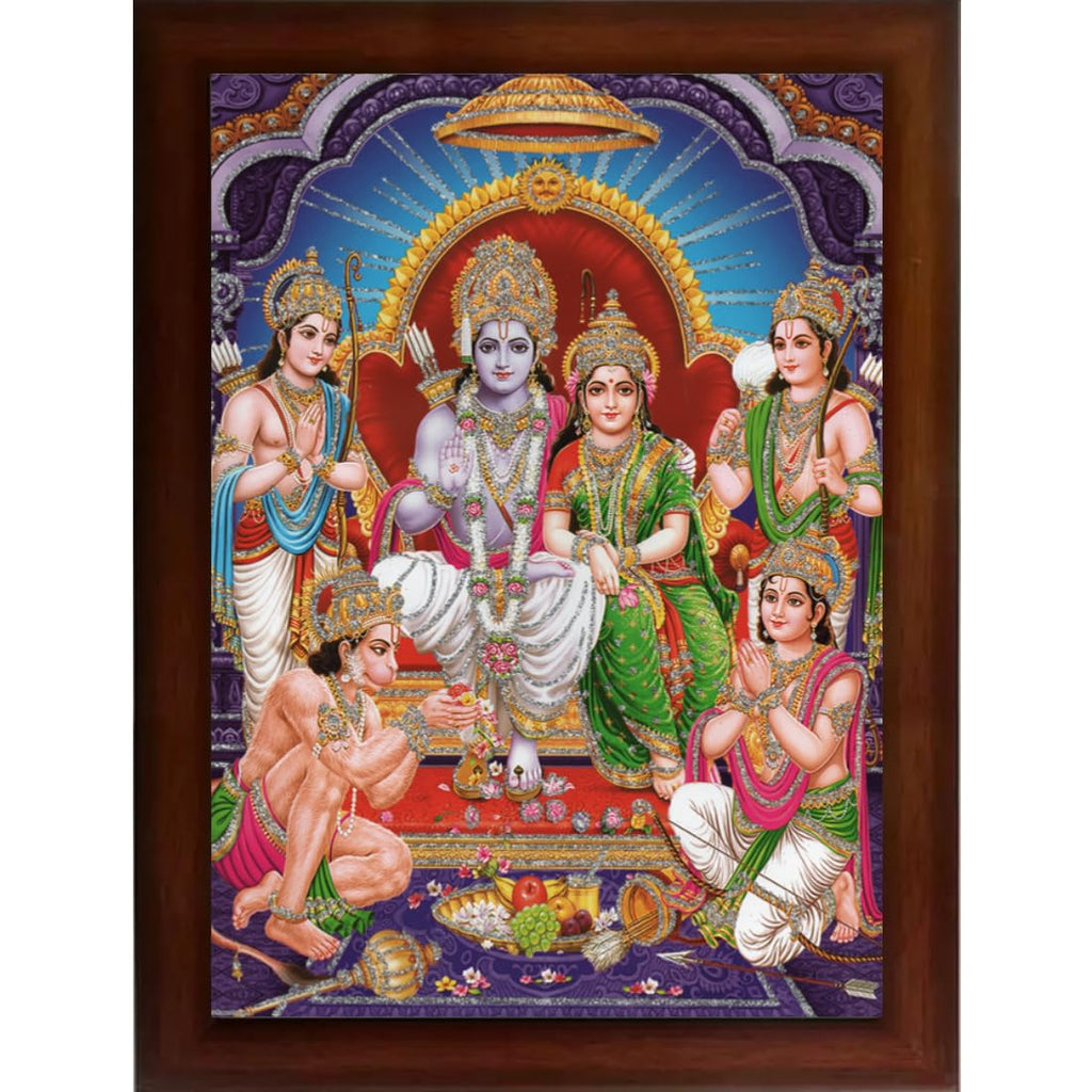 Shree Ram Darbar Sparkle Coated Painting with Frame Home Decorative Gift Item Painting (14 X 10 Inches, Synthetic, Multicolour, Religious)