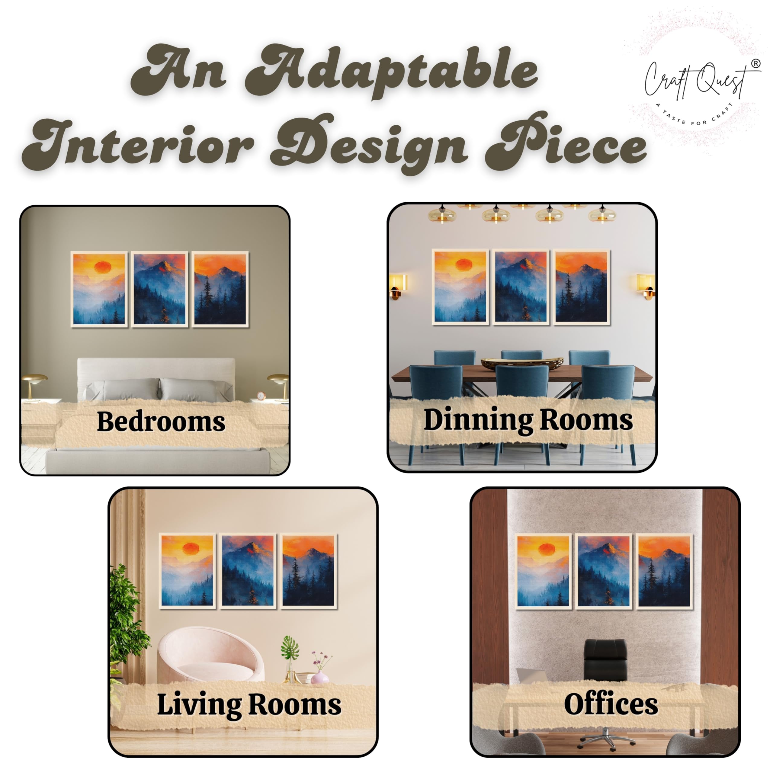 CRAFT QUEST Nature Inspired Landscape With Trees & Mountains Wall Art | Set of 3 Frames for Home Decoration | Ideal for Living Room, Bedroom & Offices