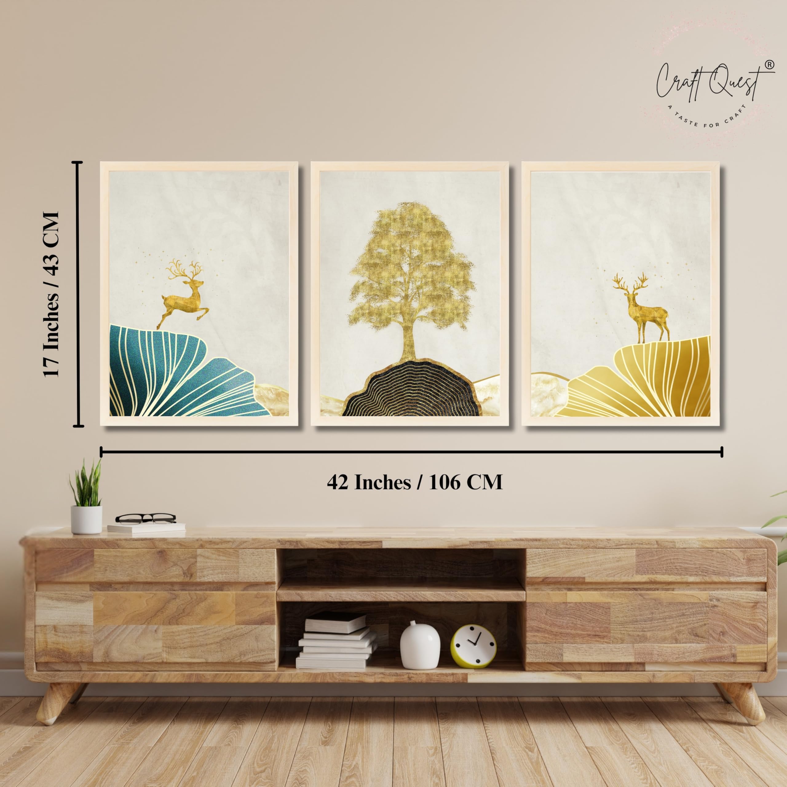 CRAFT QUEST Modern Art Landscape Of Golden Tree & Deer Wall Art | Set of 3 Frames for Home Decoration | Ideal for Living Room, Bedroom & Offices
