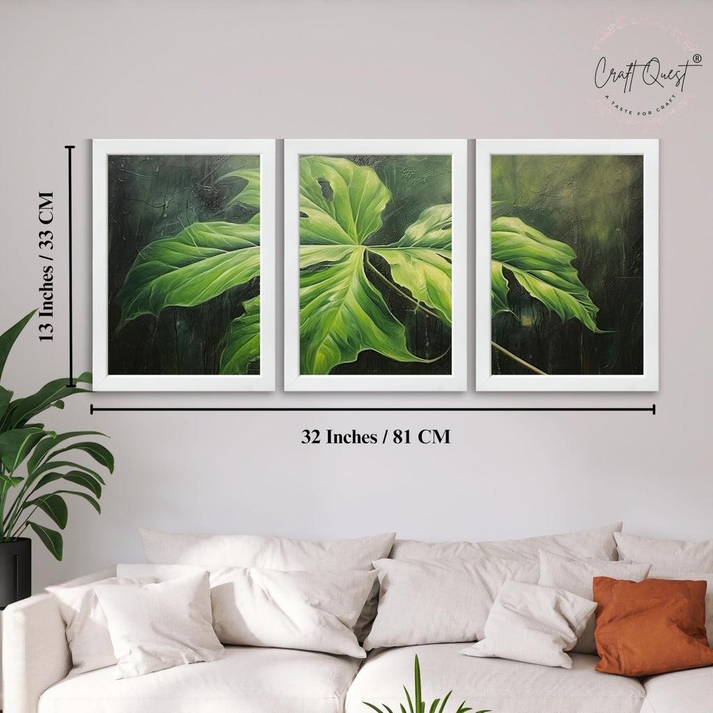 CRAFT QUEST Nature Inspired Painting Of Plant With Green Leaves Wall Art | Set of 3 Frames for Home Decoration | Ideal for Living Room, Bedroom & Offices