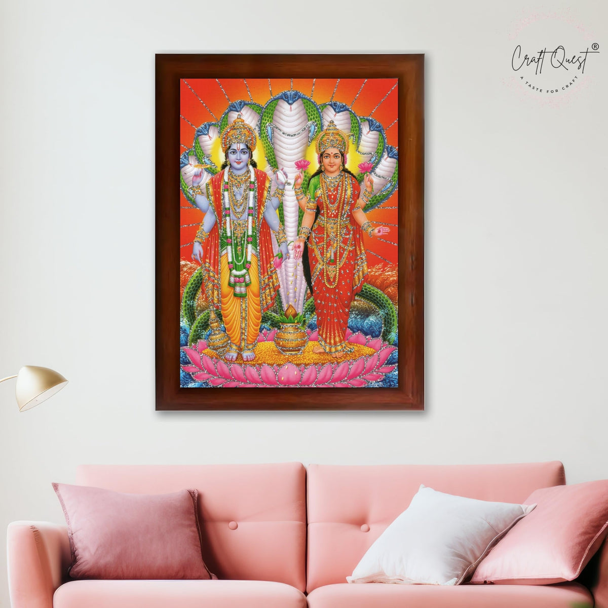 CRAFT QUEST Lord Vishnu Lakshmi Devi Laxmi Narayan Ji Wall Painting Framed Home Décor
