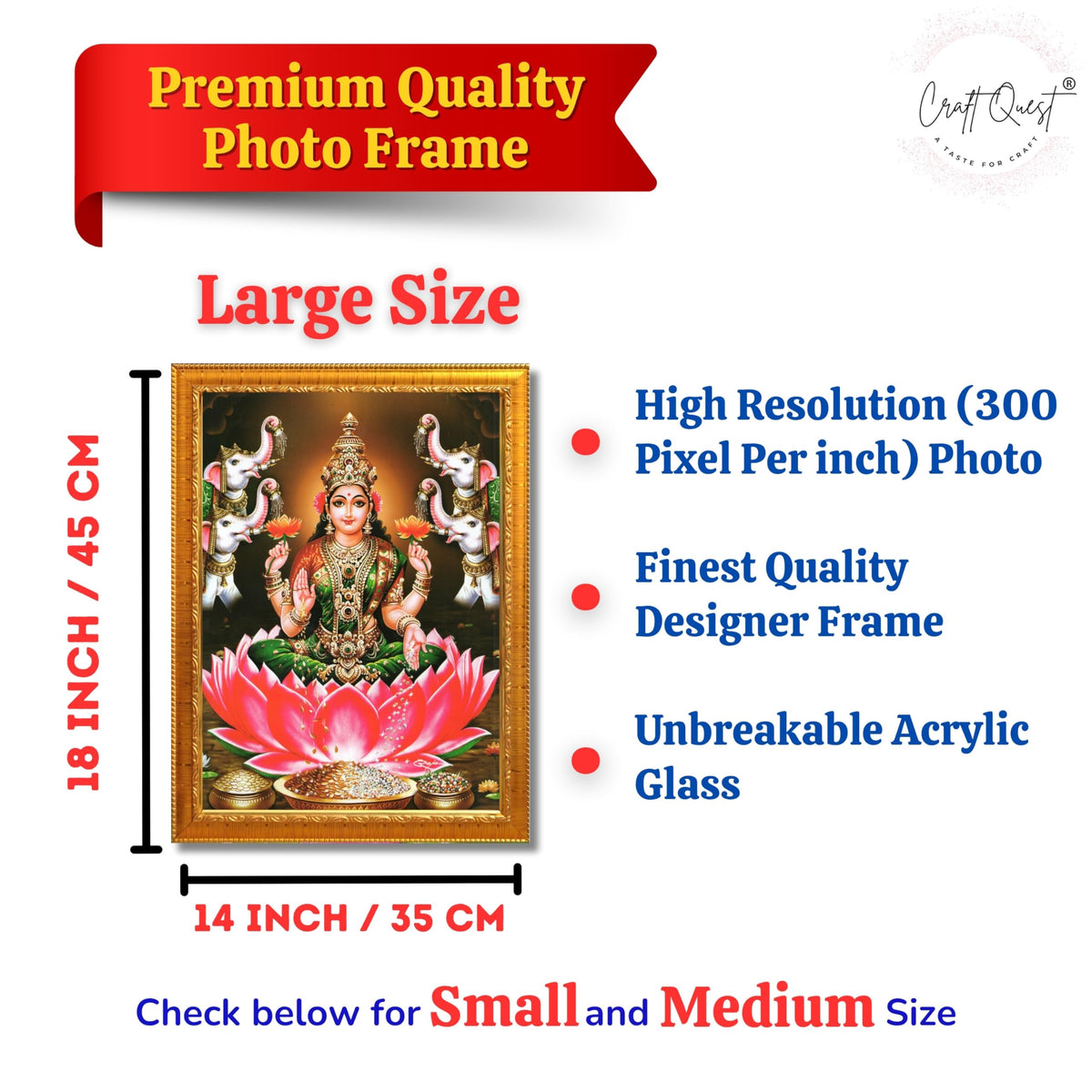 CRAFT QUEST Goddess Lakshmi Devi Vaibhav Laxmi Maa Wall Painting Photo Framed | Ideal for Home, Office, Temple & Puja Room, Wall Decor