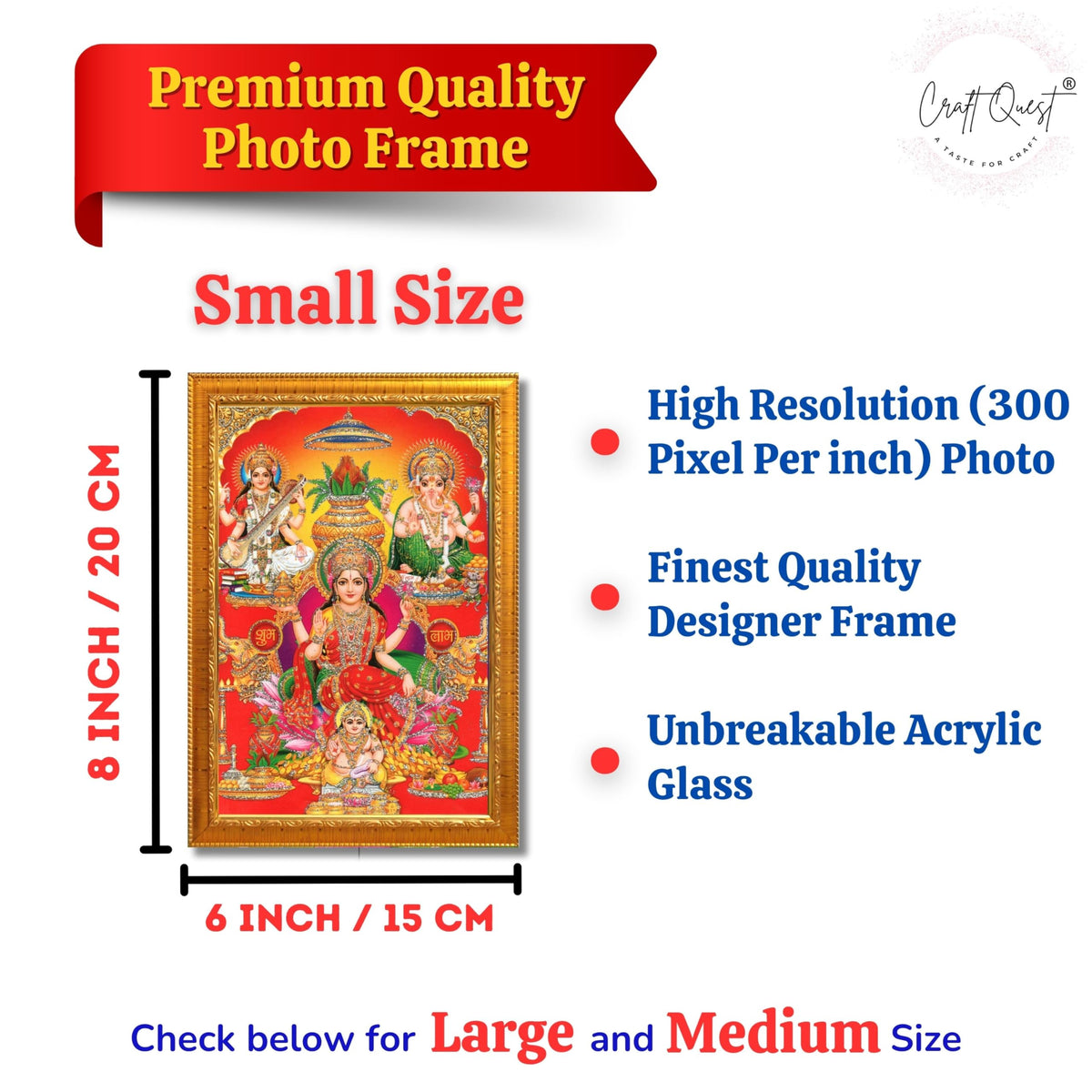 CRAFT QUEST Lord Laxmi Ganesh Saraswati Ji Religious Hindu Photo Frame for Wall, Table, Office, Temple, Pooja, Living Room and Home Decor Item