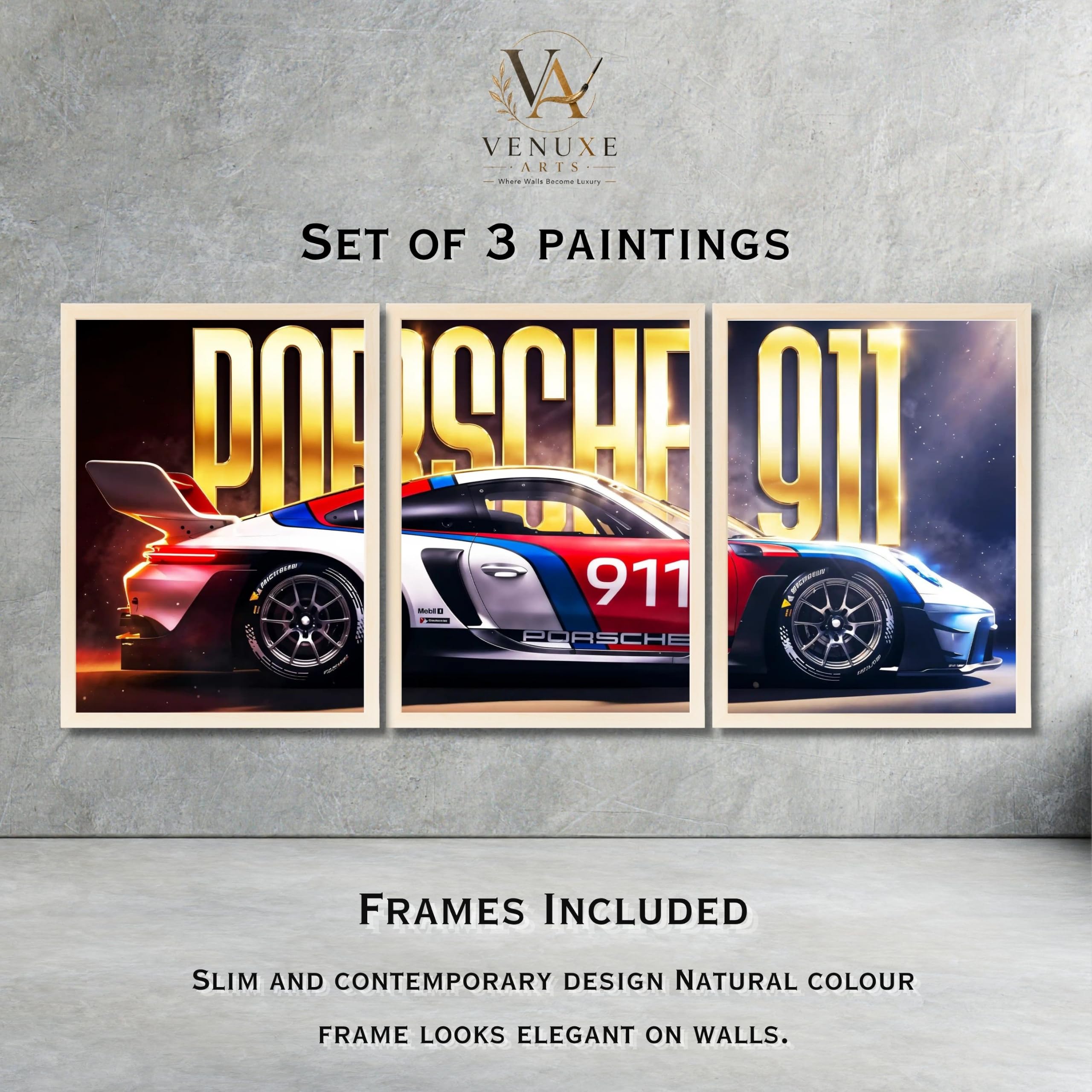 VENUXE ARTS Set Of 3 Big Sports Cars Framed Posters Gift Items for Boys Room Wall Decoration Bedroom Living Room Office Studio Décor | Car Poster Frame for Wall Décor