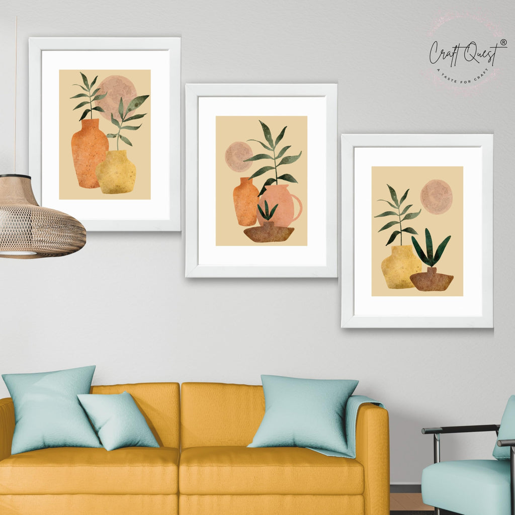 CRAFT QUEST Wall Art Decor Paintings | Set of 3 BOHO Wall Art Frames for Home Decoration | Ideal for Living Room, Bedroom & Office