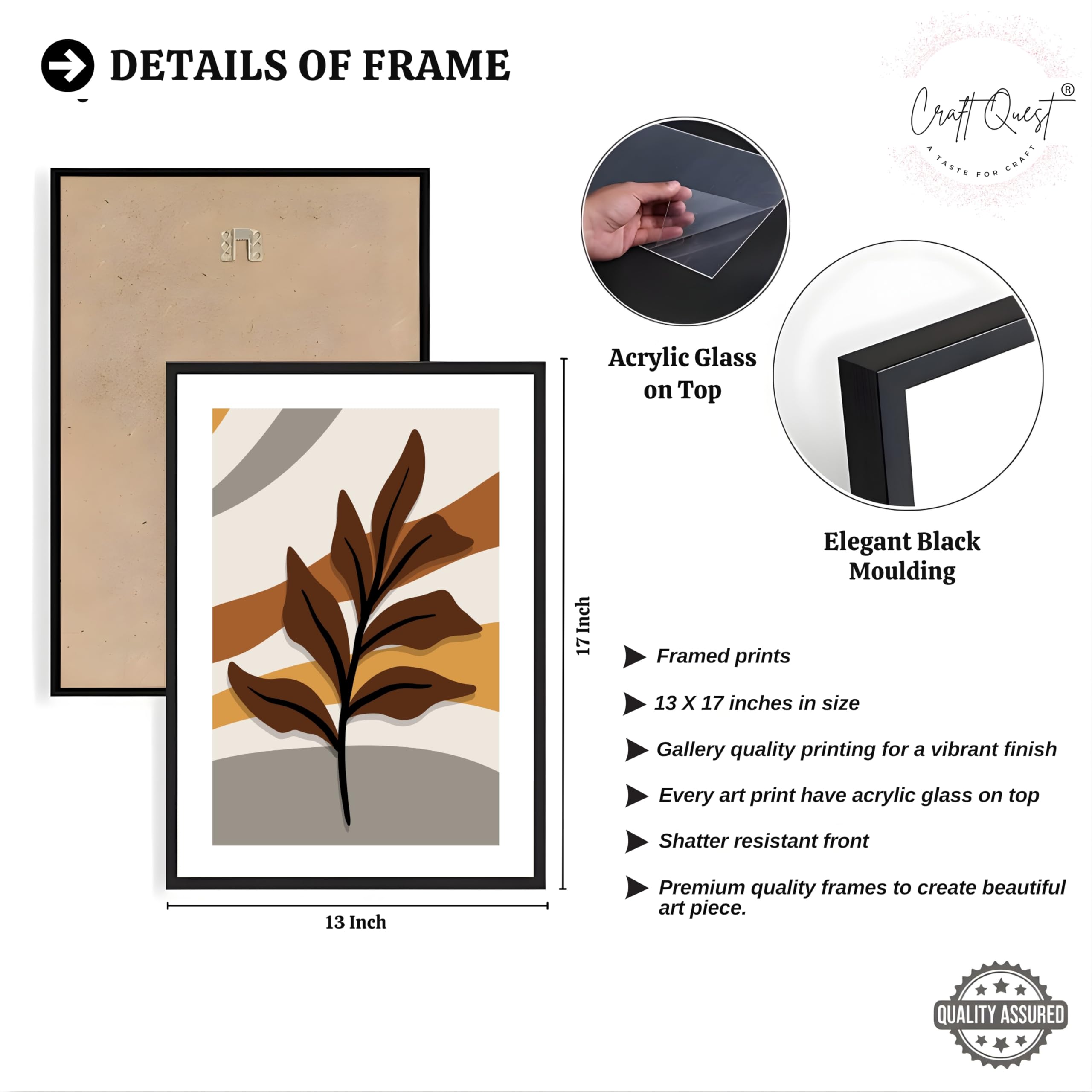 CRAFT QUEST Wall Art Decor Paintings | Set of 3 BOHO Wall Art Frames for Home Decoration | Ideal for Living Room, Bedrooms & Offices